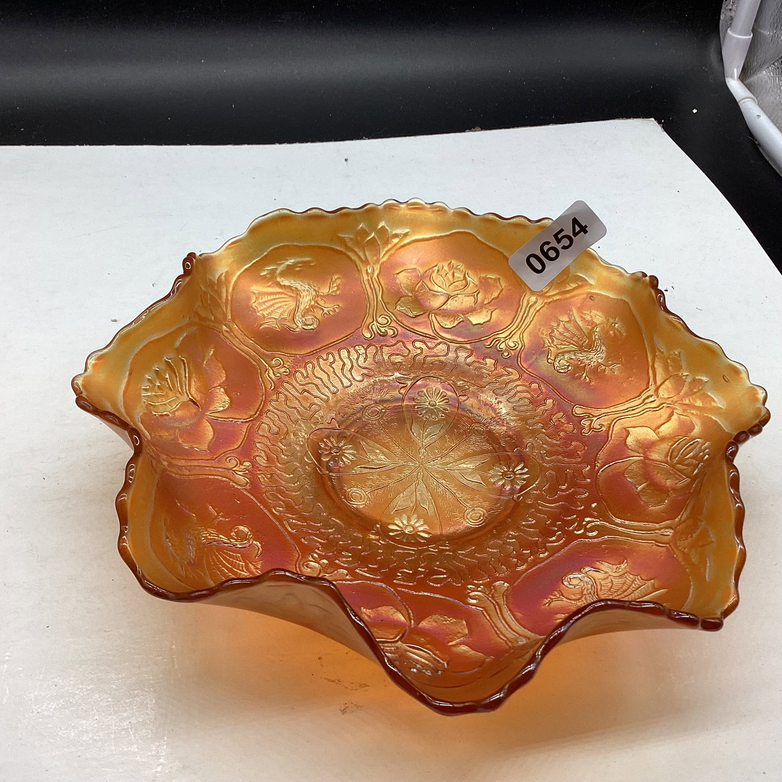 CARNIVAL GLASS DRAGON & SATUS BOWL: 8" WIDE GOOD SHAPE