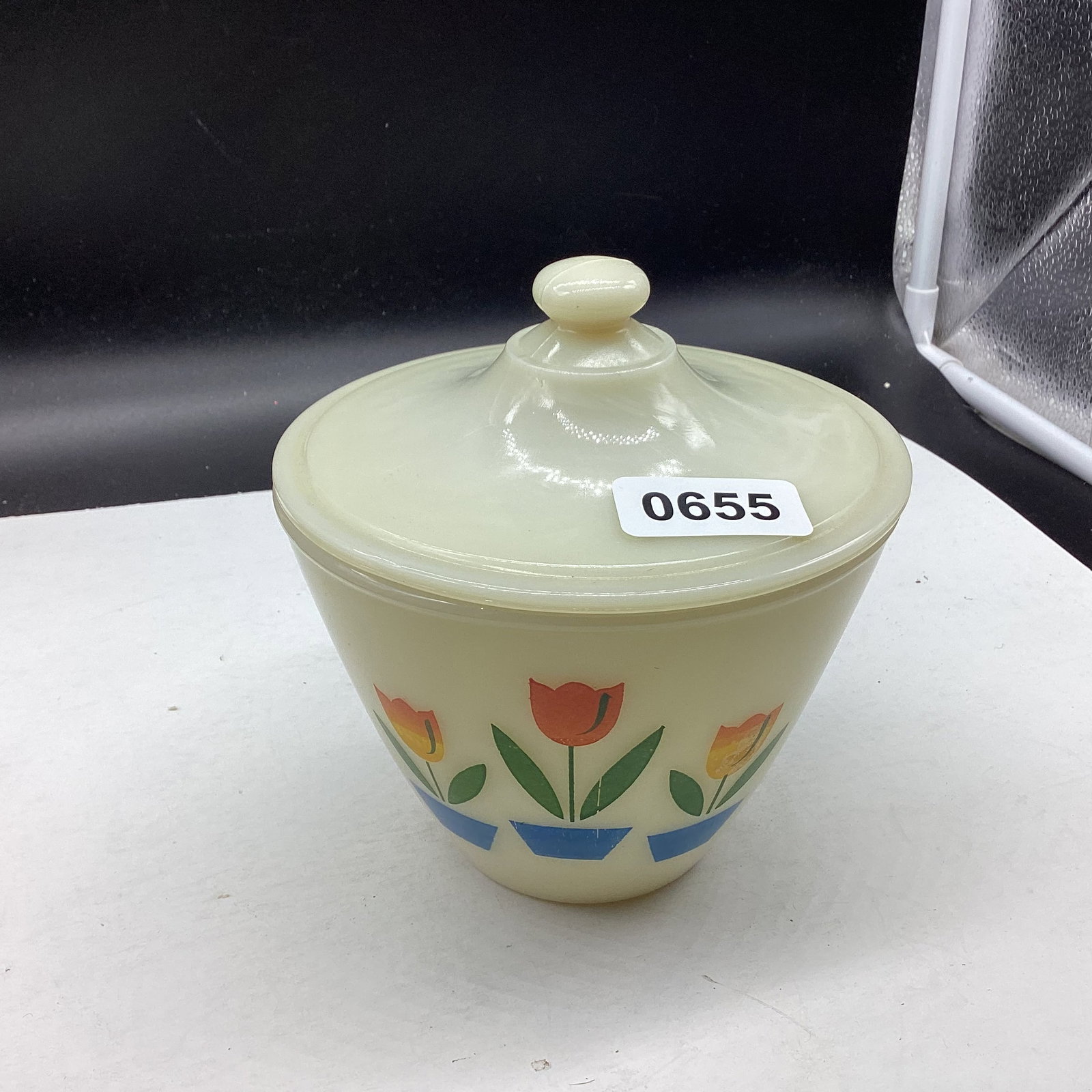 VINTAGE FIRE KING TULIP GREASE JAR W/LID: 6" T X 5 1/4" W GOOD SHAPE