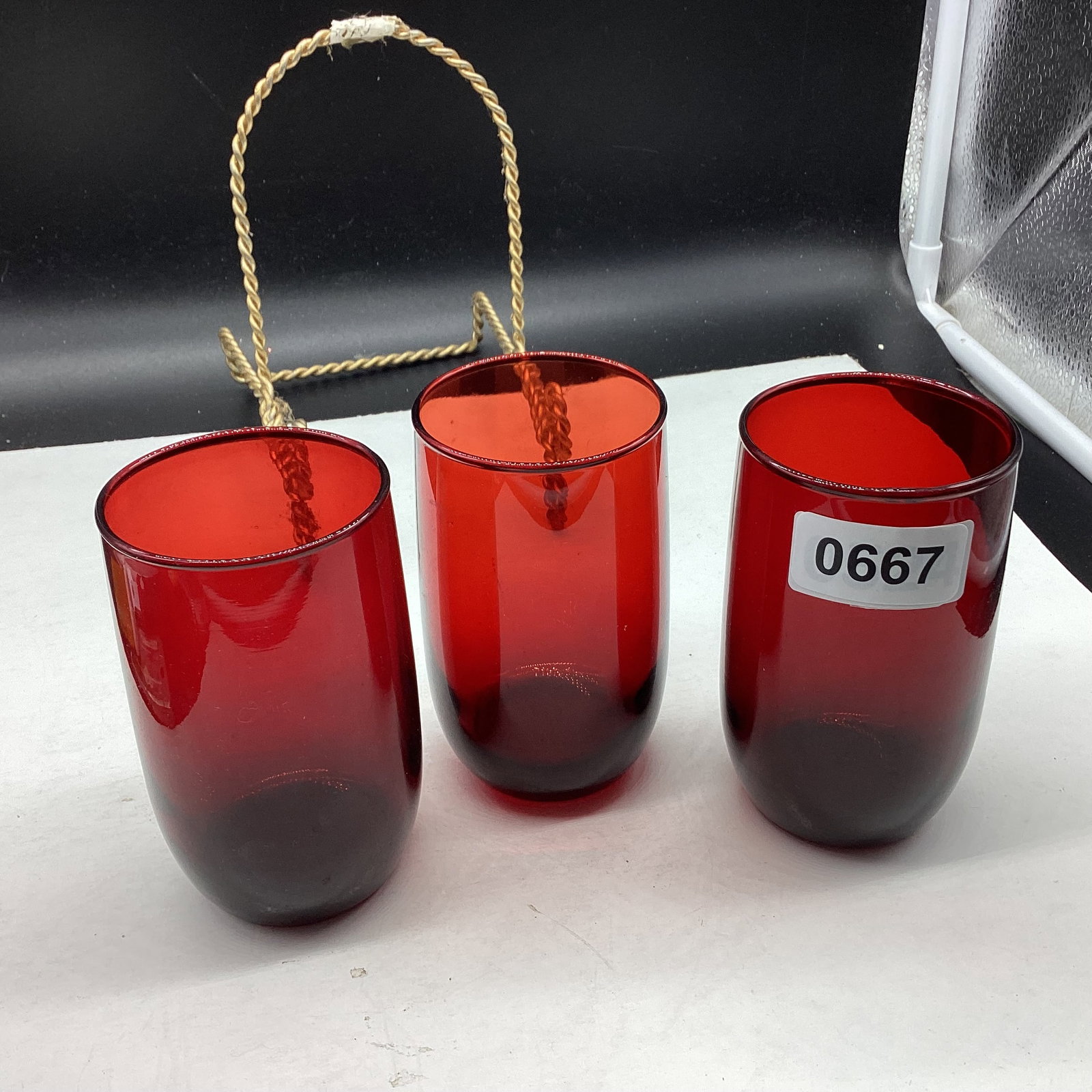 3 DEPRESDSION RUBY RED TUMBLERS: 4 1/4" TALL GOOD SHAPE