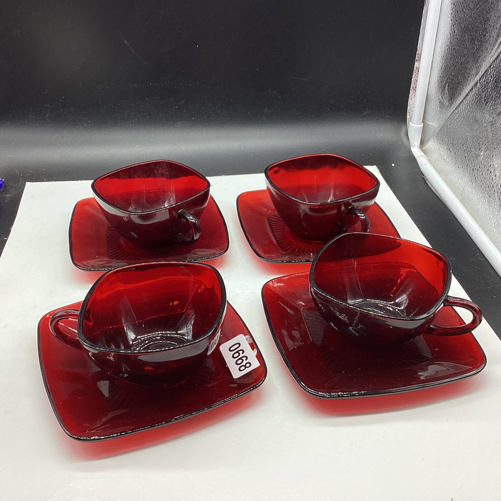 4 DEPRESSION RUBY RED CUP & SAUCERS: GOOD SHAPE