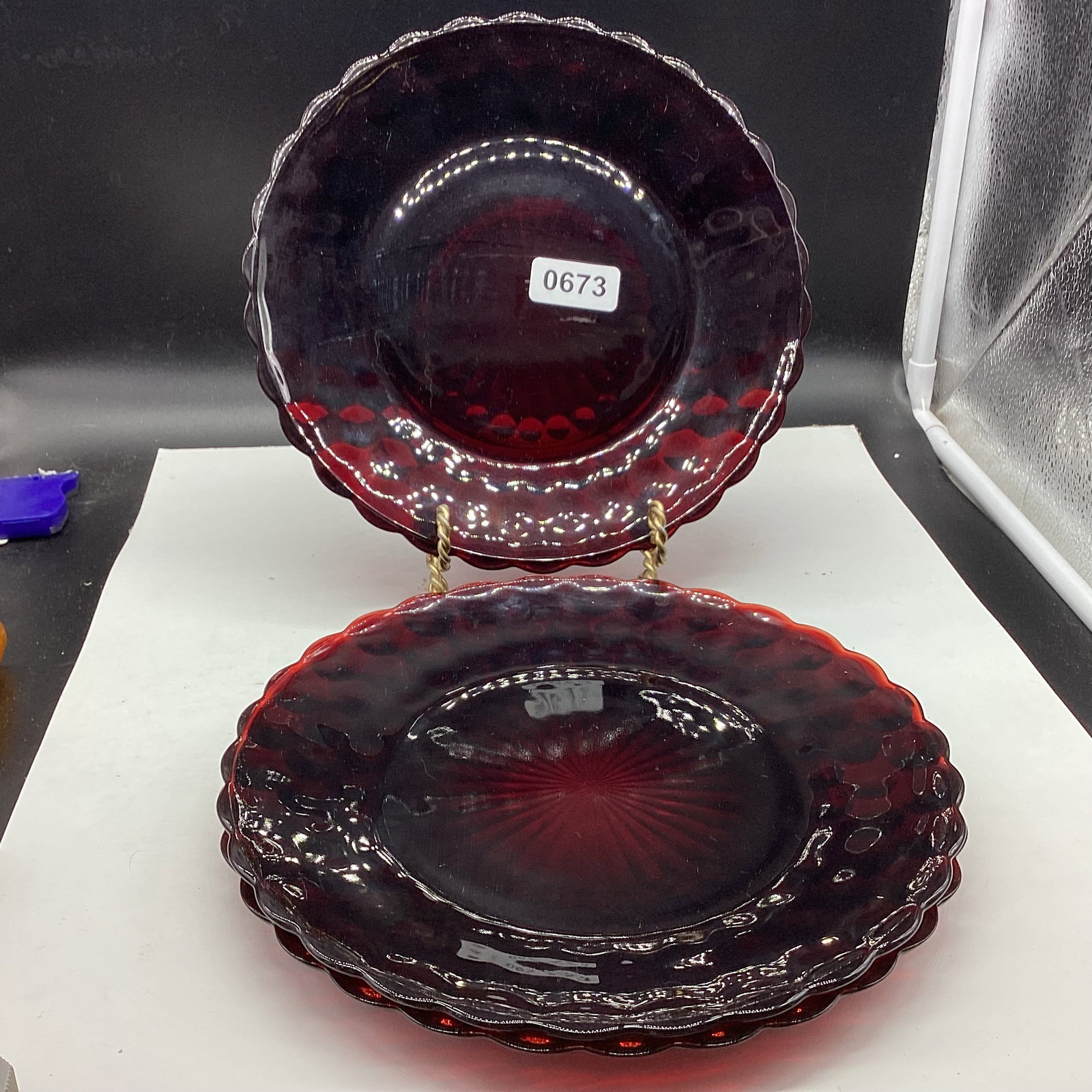 3 DEPRESSION RED BUBBLE DINNER PLATES: 9 3/8" WIDE GOOD SHAPE