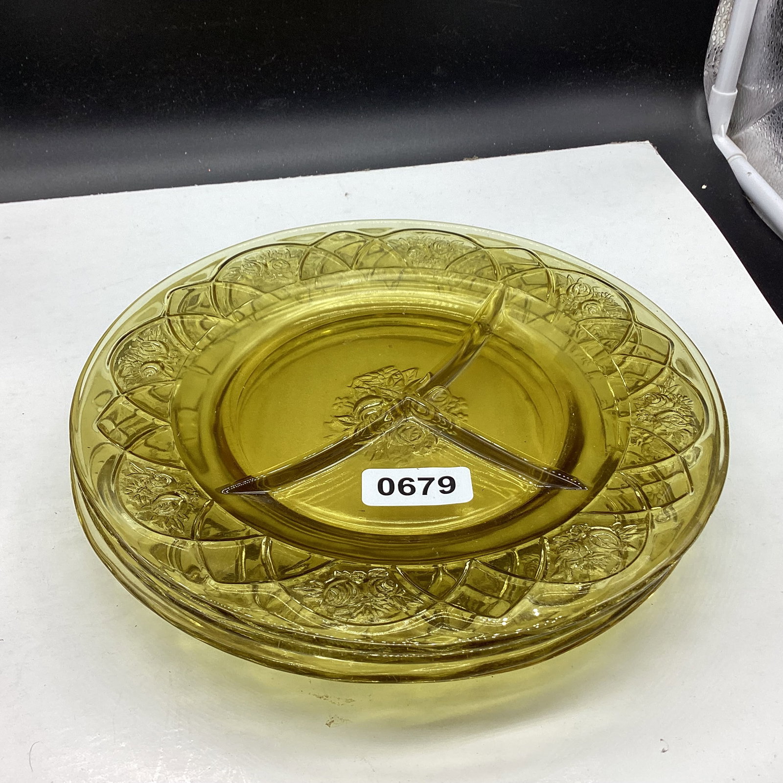 4 DEPRESSION ROSEMARY OR DUTCH ROSE GRILL PLATES: 9 3/8" WIDE GOOD SHAPE