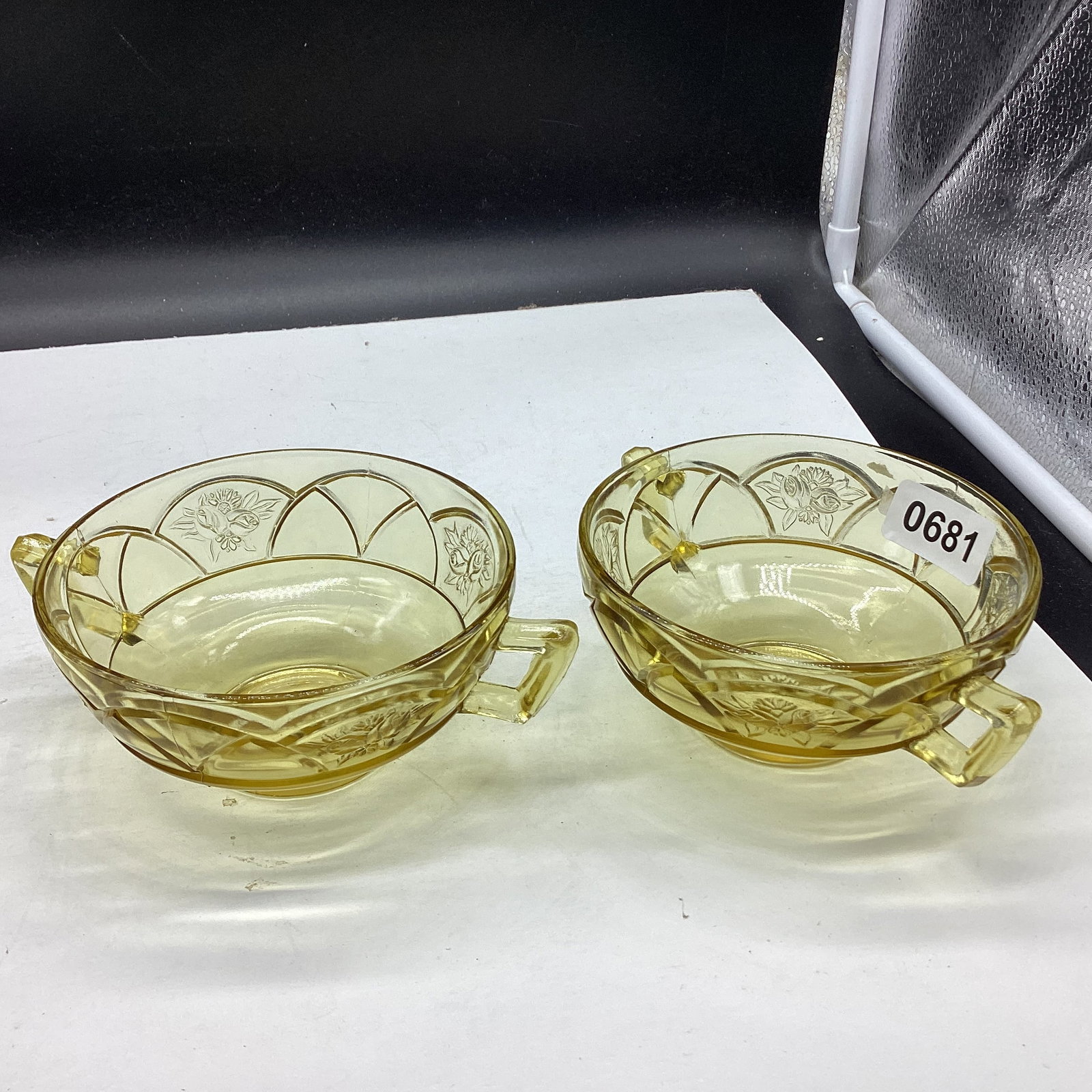 2 DEPRESSION ROSEMARY OR DUTCH ROSE CREAM SOUP BOWLS: 4 3/4" WIDE GOOD SHAPE