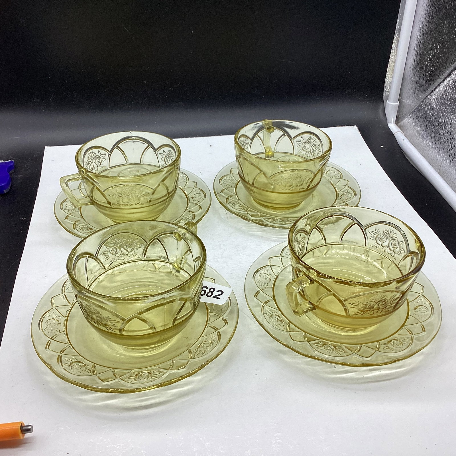 4 DEPRESSION ROSEMARY OR DUTCH ROSE CUP & SAUCERS: GOOD SHAPE