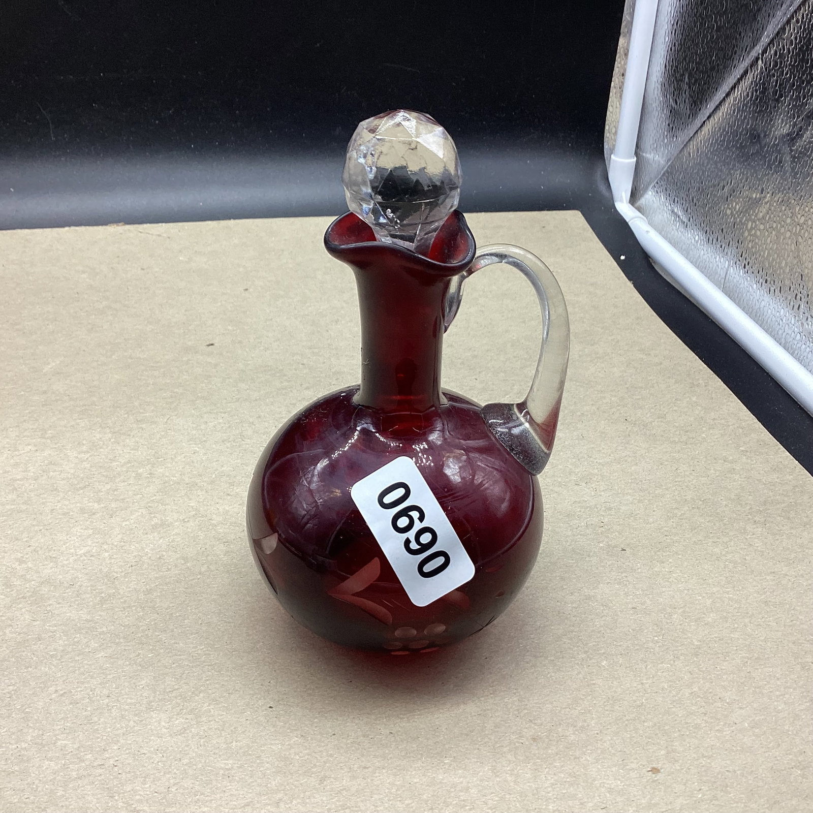 BOHENIAM RUBY RED CUT TO CLEAR ETCHED CRUET: 6" TALL GOOD SHAPE