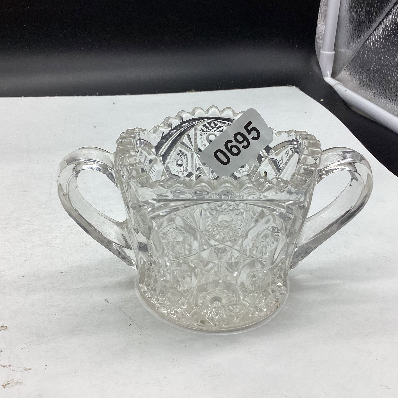 PRESSED GLASS SUGAR BOWL: 3" TALL GOOD SHAPE
