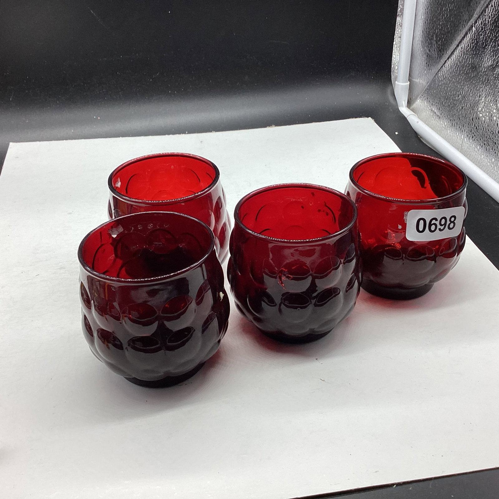 4 DEPRESSION RED BUBBLE OLD FASHIONED TUMBLERS: 3" TALL GOOD SHAPE