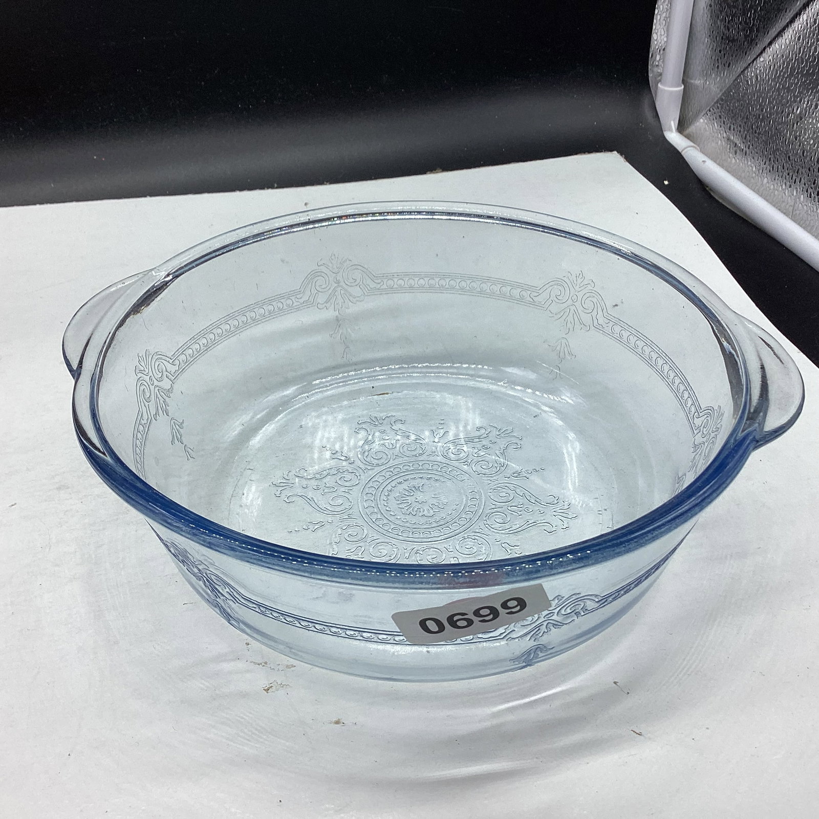 FIRE KING BLUE SERVING BOWL: 2 3/4 X 8 1/4 GOOD SHAPE