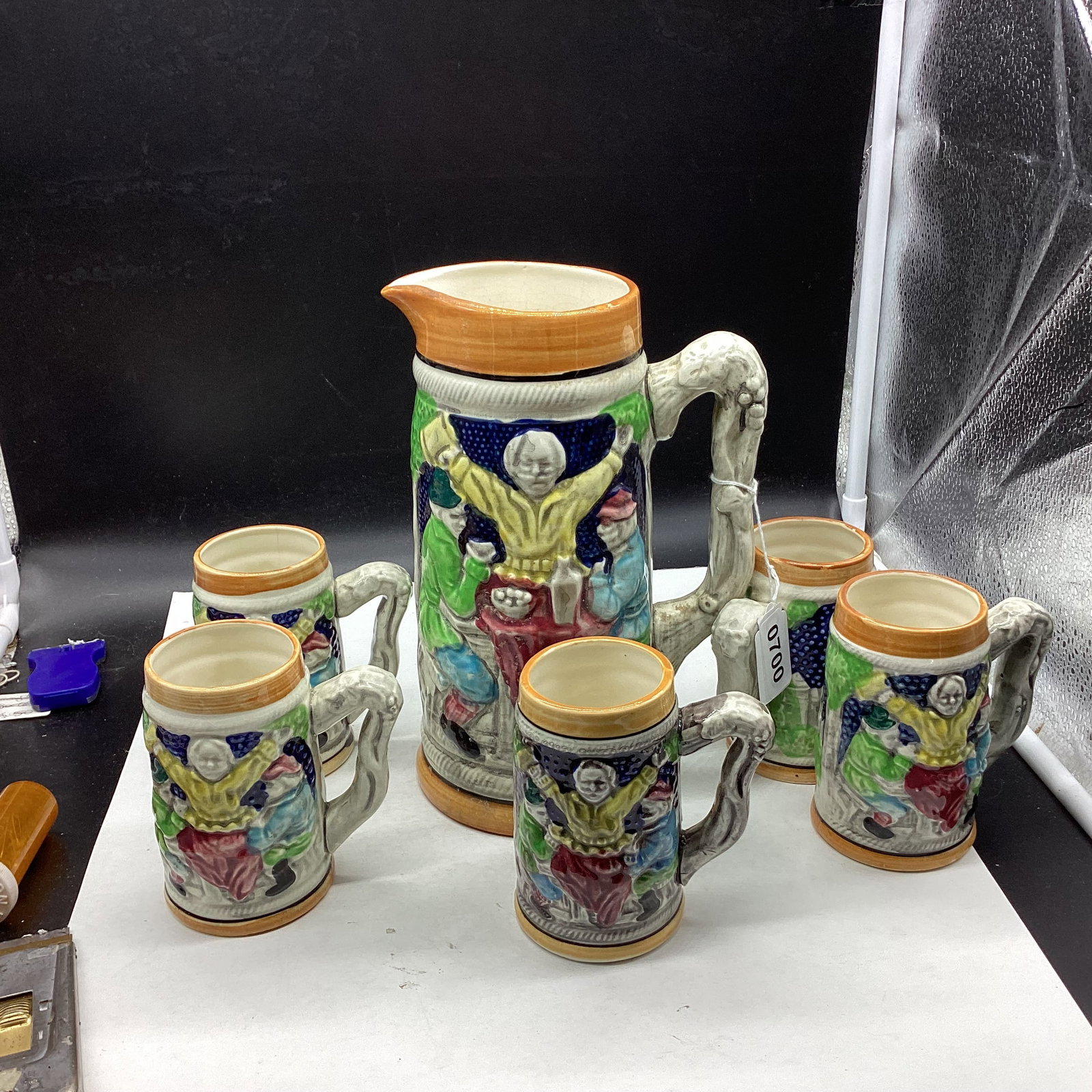 CERMANIC BEER PITCHER & MUGS SET: 9" TALL GOOD SHAPE