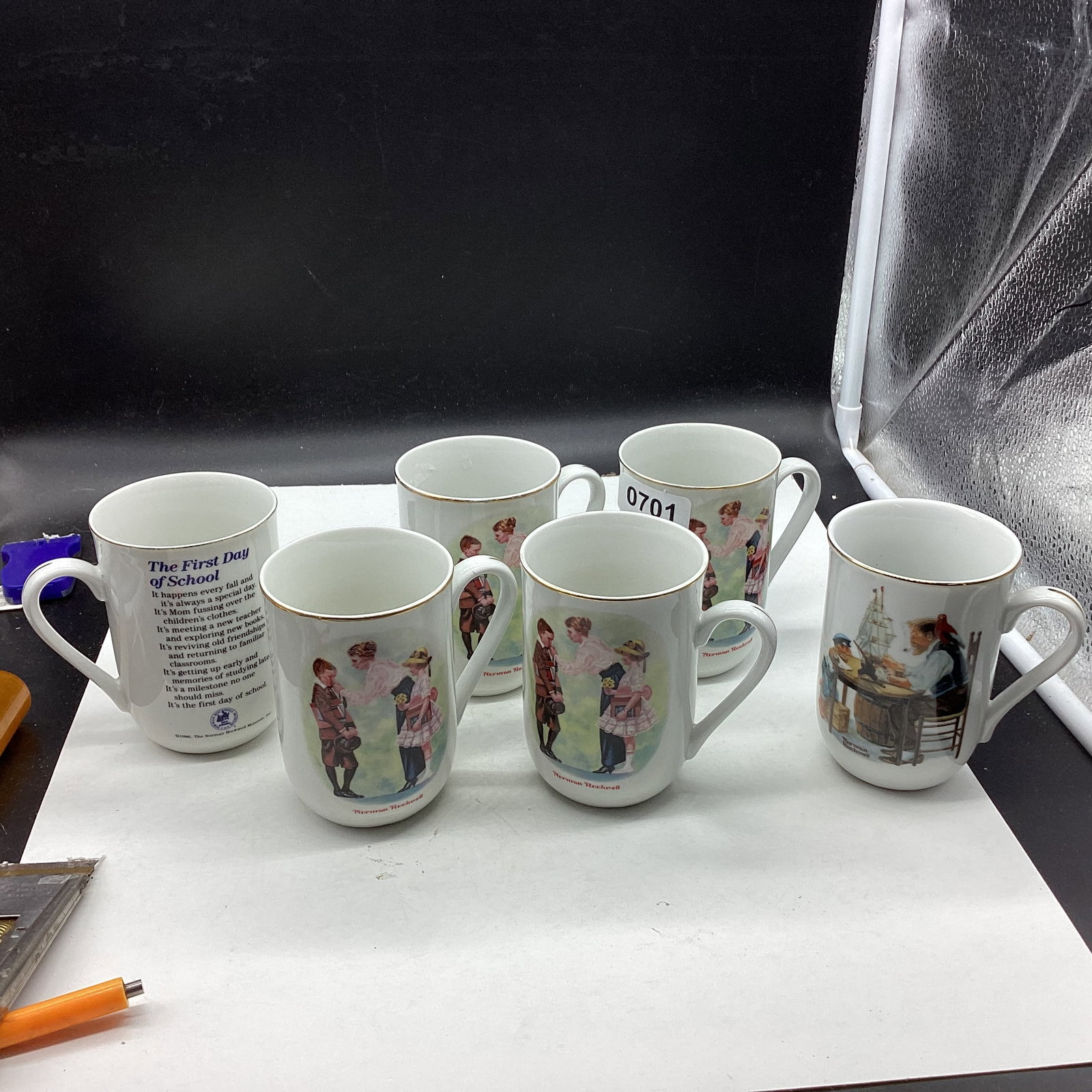 6 NORMAN ROCKWLL MUGS: 4" TALL GOOD SHAPE