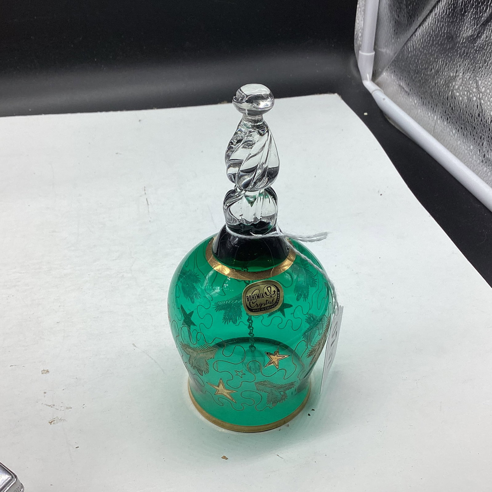 BOHENIAM CRYSTAL HAND BLOWN BELL GILDED GOLD STARS: 6" TALL GOOD SHAPE