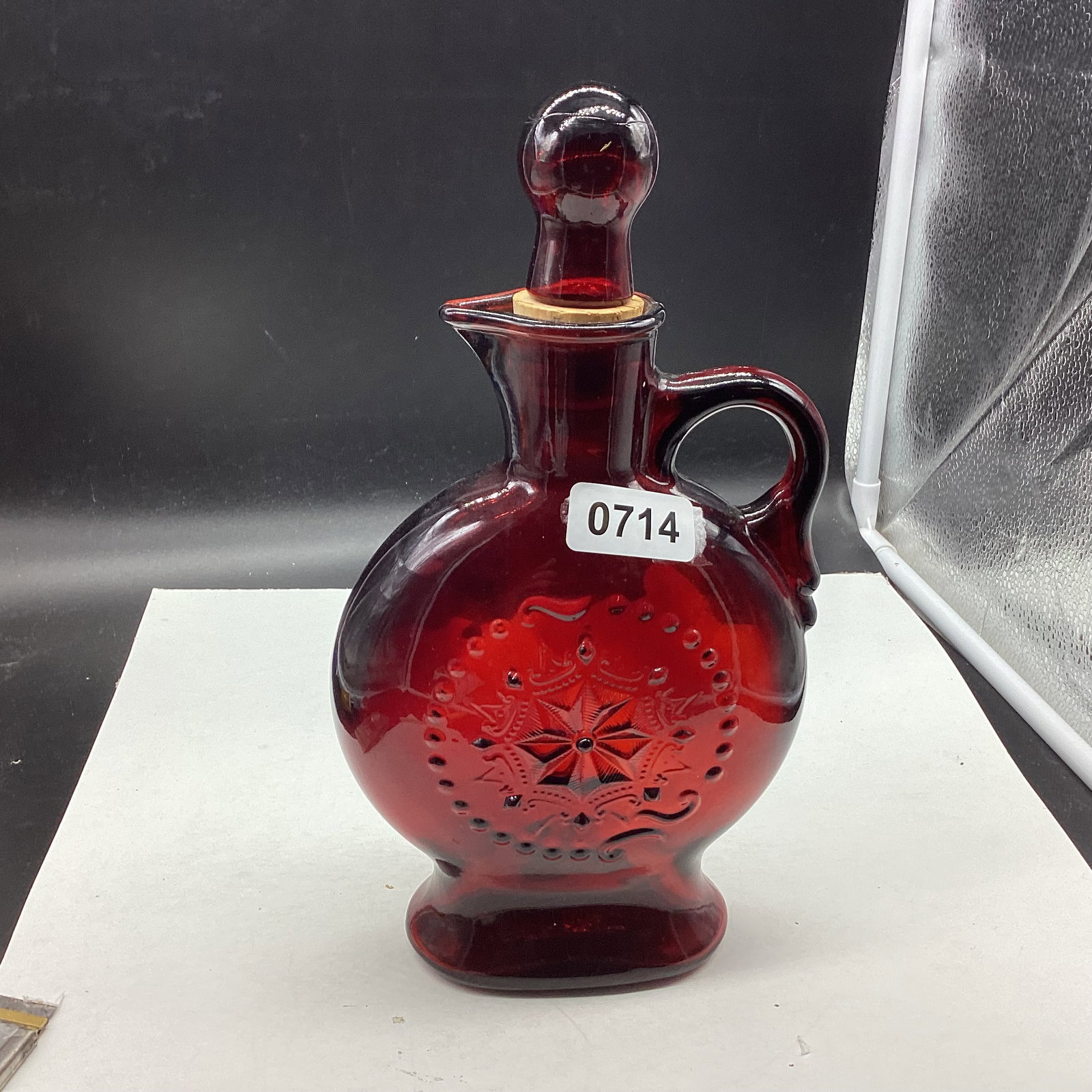VINTAGE RED DECANTER BY WHEATON GLASS CO.: 11" TALL GOOD SHAPE