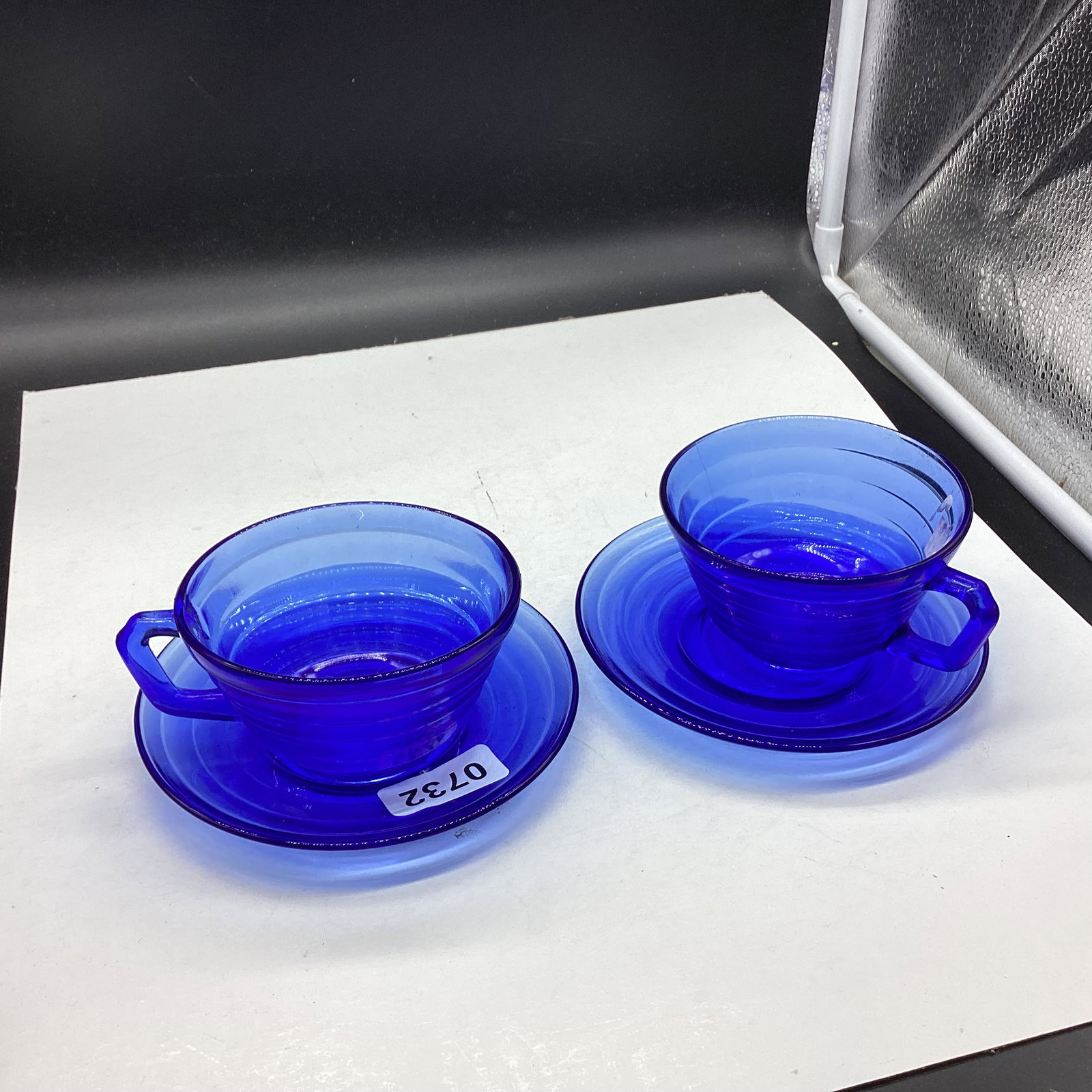 2 DEPRESSION MODERTONE CUP & SAUCERS: GOOD SHAPE