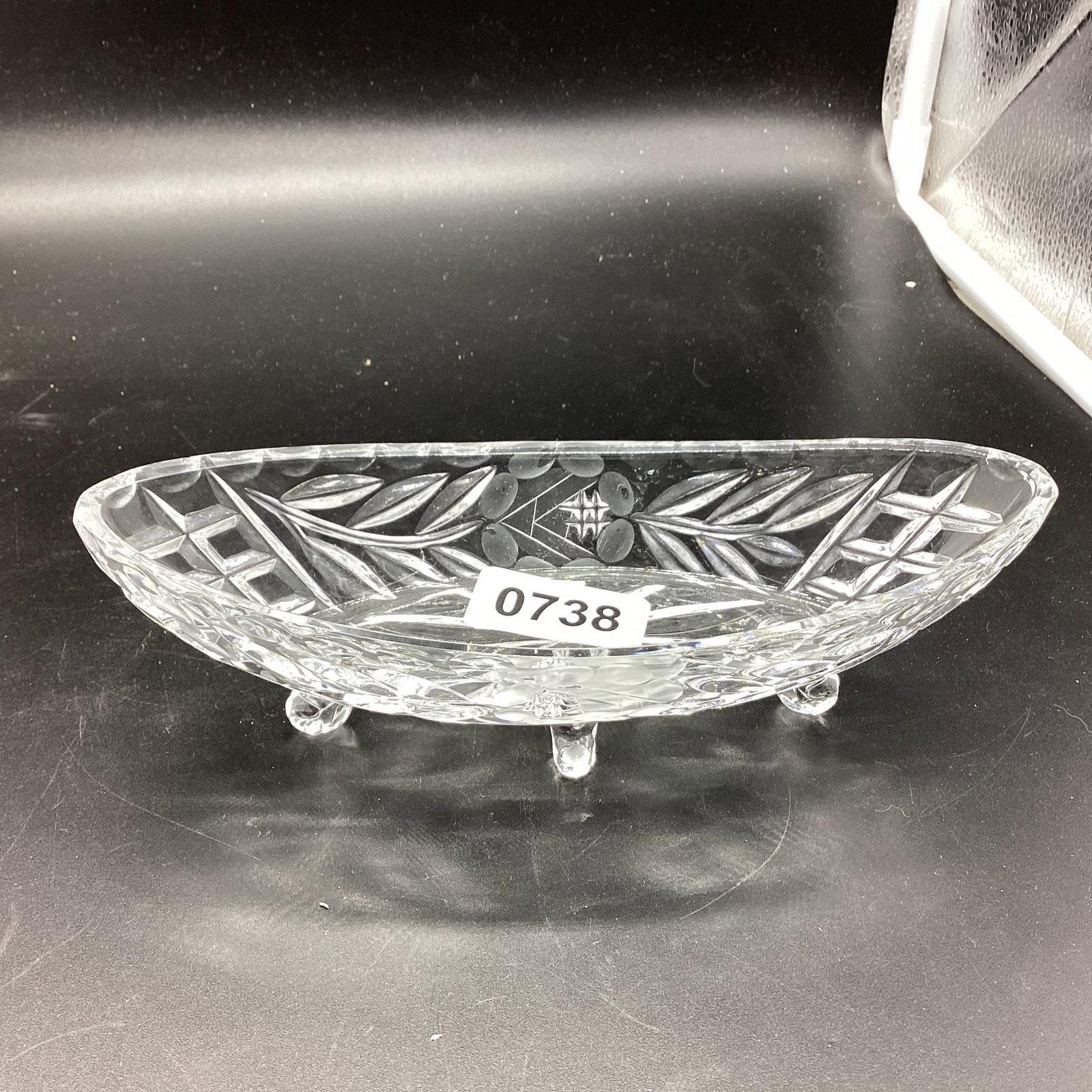 OVAL LEAD CRYSTAL FOOTED PICKLE DISH: 3 X 7 1/2 GOOD SHAPE