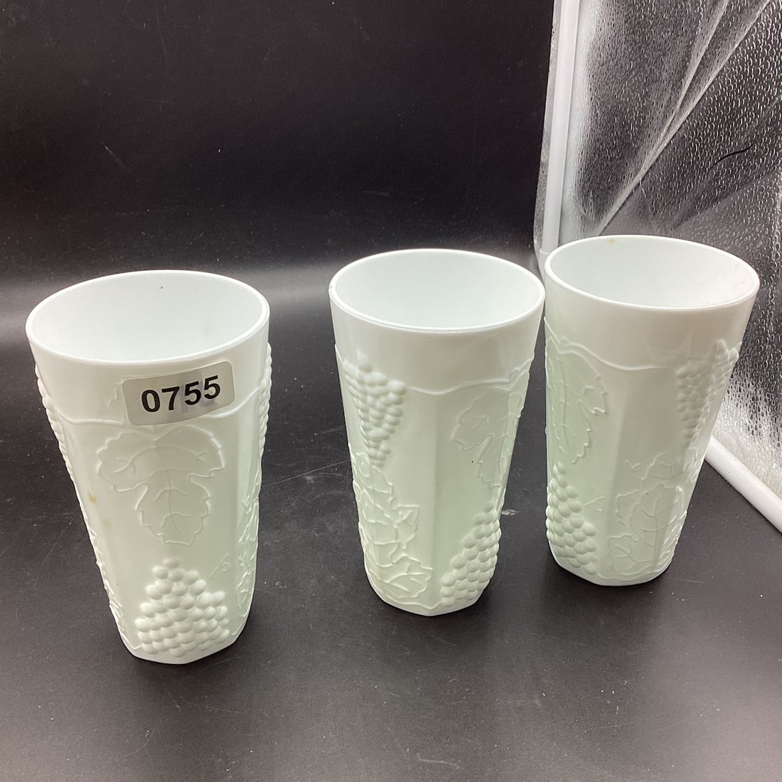 3 MILK GLASS GRAPE PATTERN TUMBLERS: 6" TALL GOOD SHAPE