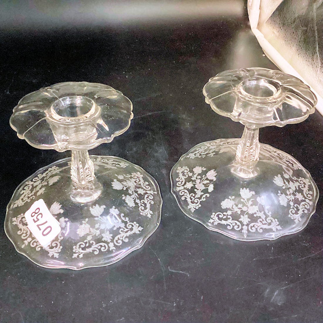 PAIR ELEGANT GLASS CHANTILLY PATTERN CANDLE HOLDERS: 4" TALL GOOD SHAPE