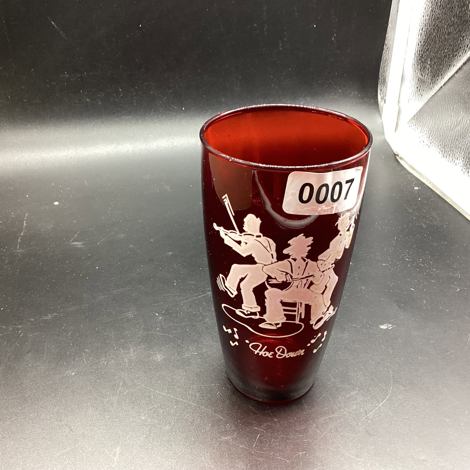 DEPRESSION RUBY RED HAND PAINTED HOE DOWN DESIGN TUMBLER: 5 1/2" TALL GOOD SHAPE