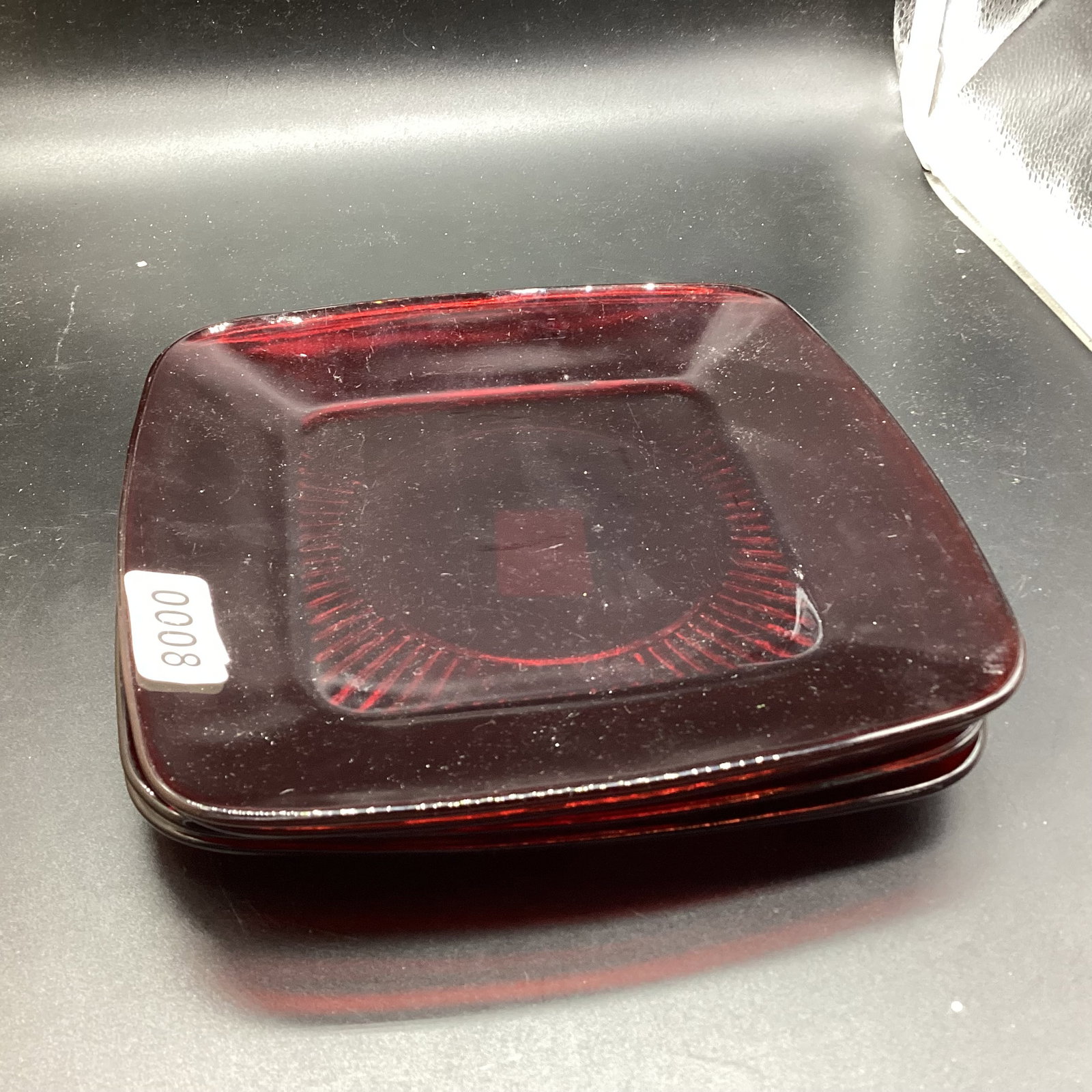 4 DEPRESSION ROYAL RUBY RED LUNCHEON PLATES: 8 1/4" W GOOD SHAPE
