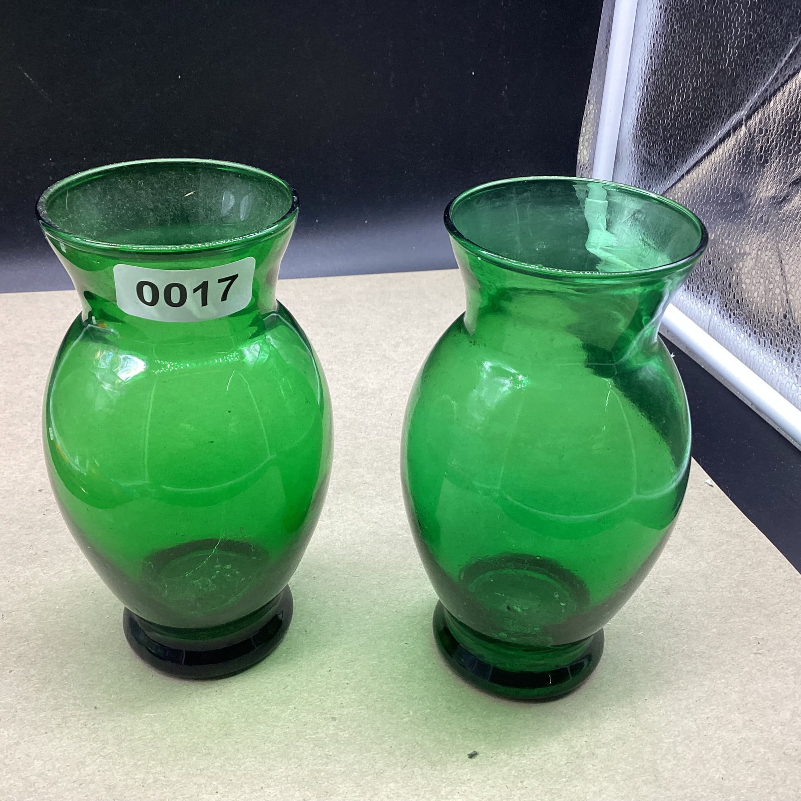 2 DEPRESSION FOREST GREEN VASES: 6 1/2" TALL GOOD SHAPE