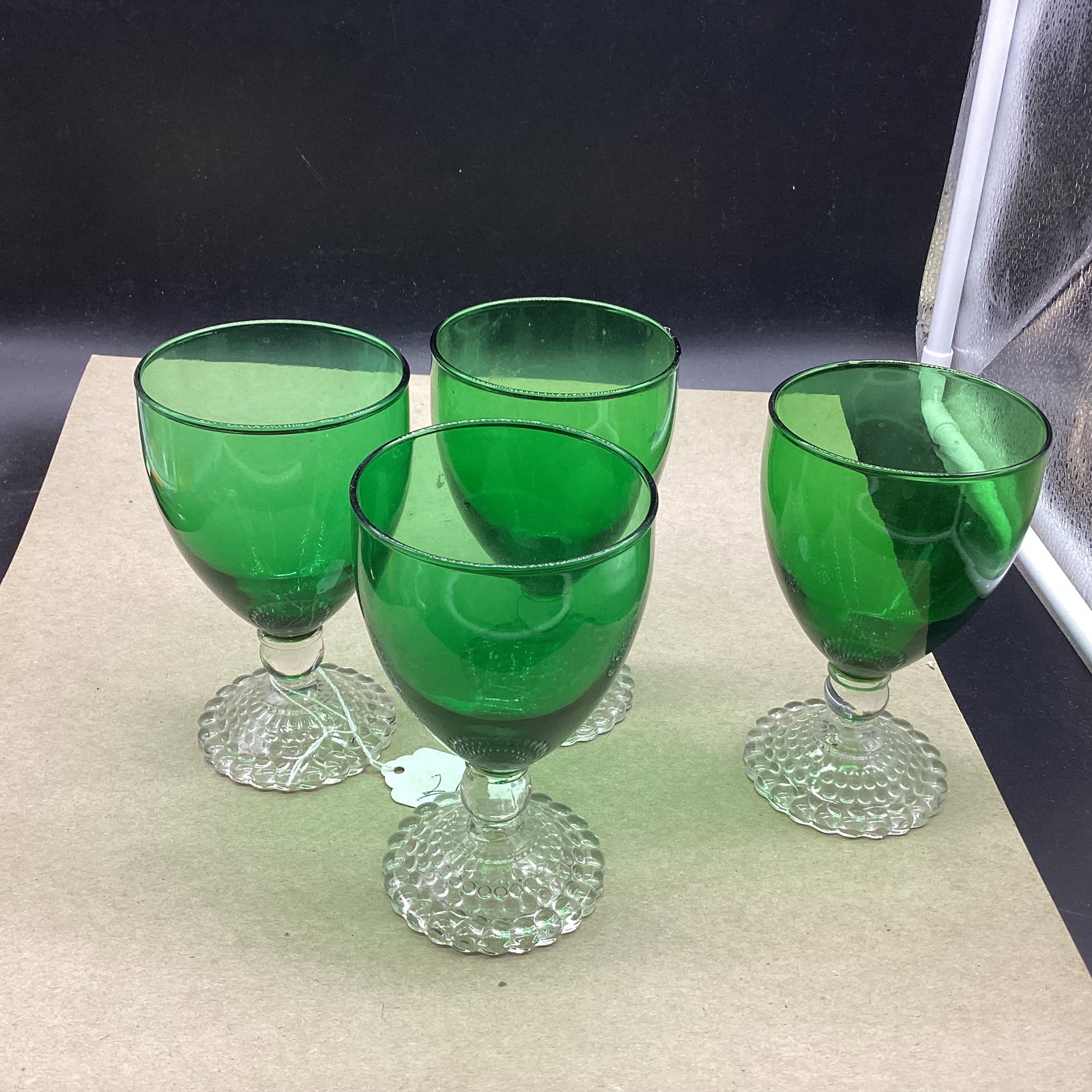 4 1950'S FOREST GREEN WATER TUMBLERS W/BOOPIE FEET: 5 1/2" TALL GOOD SHAPE