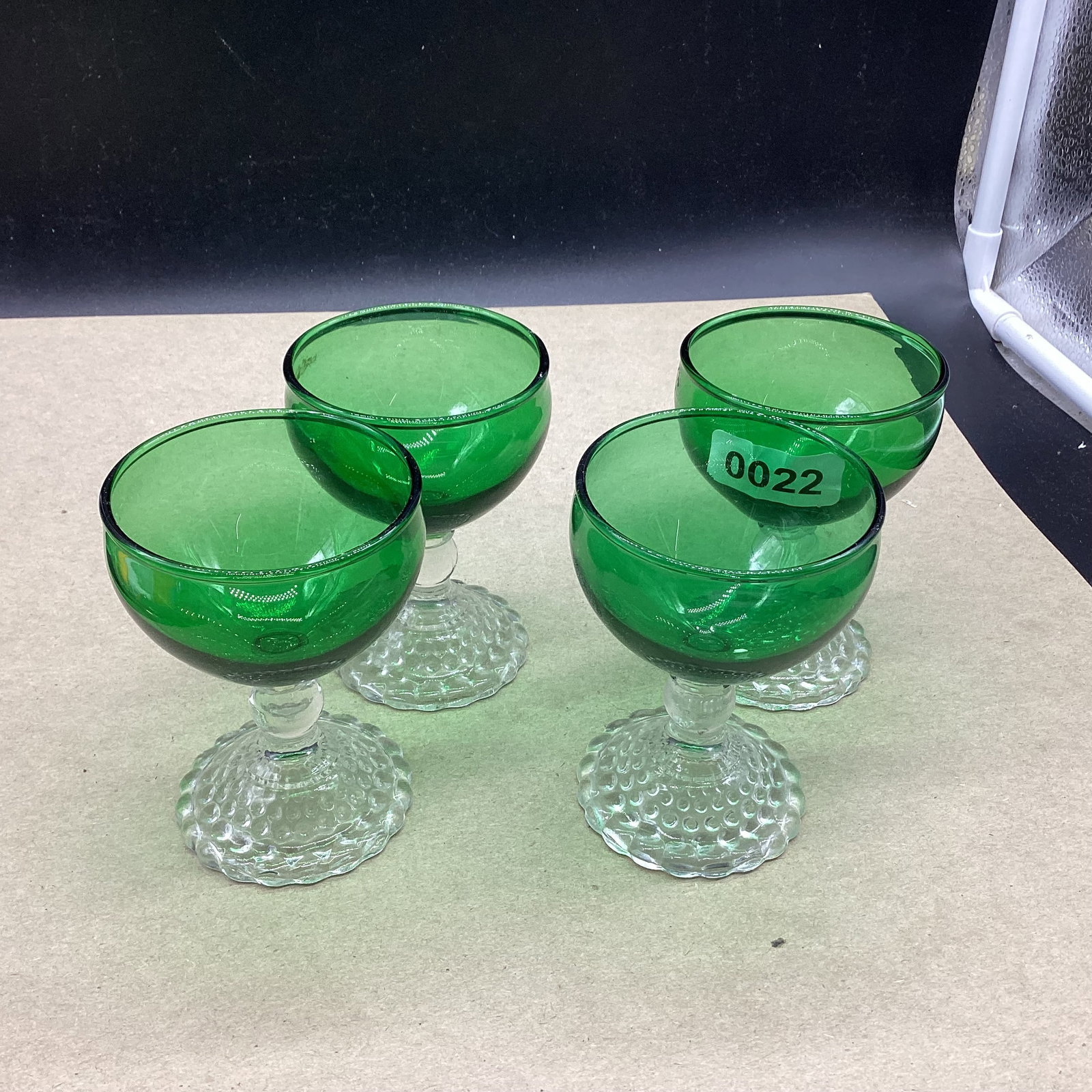 4 1950'S FOREST GREEN COCKTAILS W/BOOPIE FEET: 4 1/4" TALL GOOD SHAPE