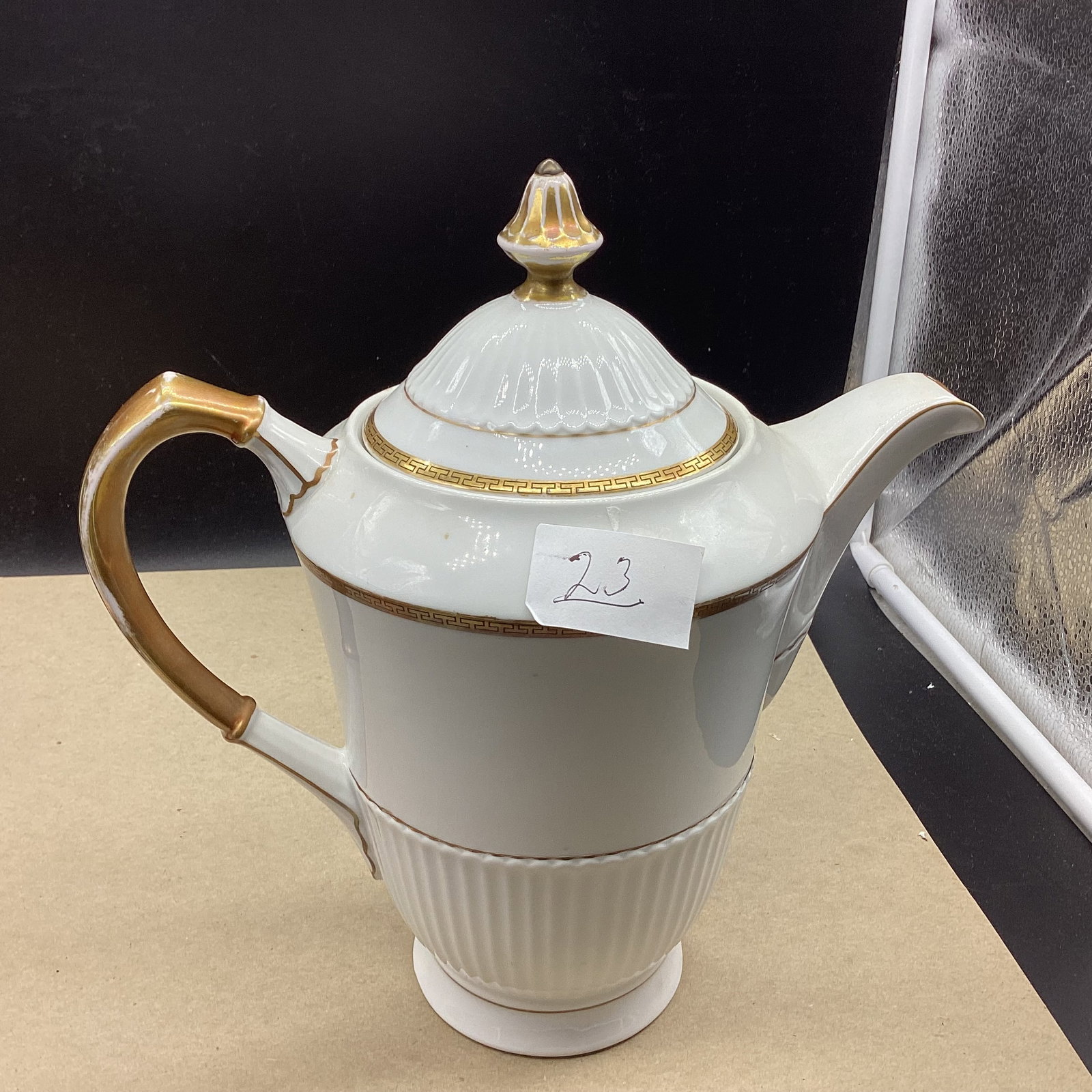 PORCELIAN WHITE COFFEE POT GOLD TRIM: 11" TALL GOOD SHAPE