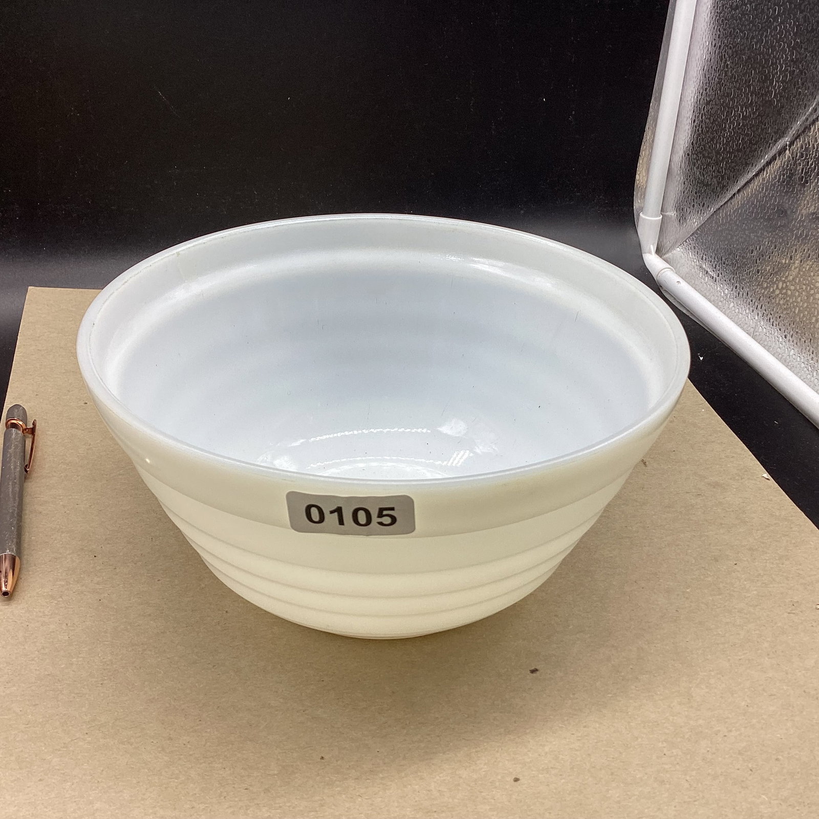 MILK GLASS MIXING BOWL: 8 3/4" WIDE GOOD SHAPE