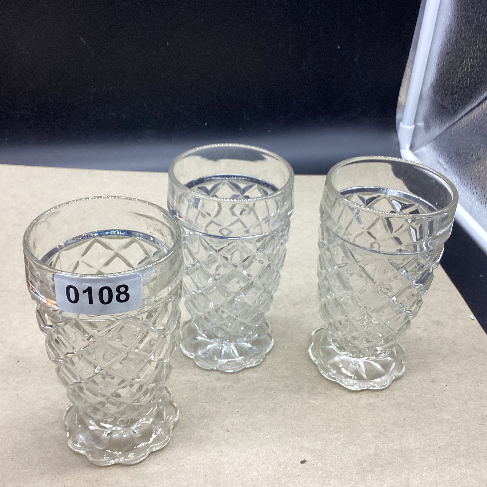 3 DEPRESSION WATERFORD TUMBLERS: 5" TALL GOOD SHAPE