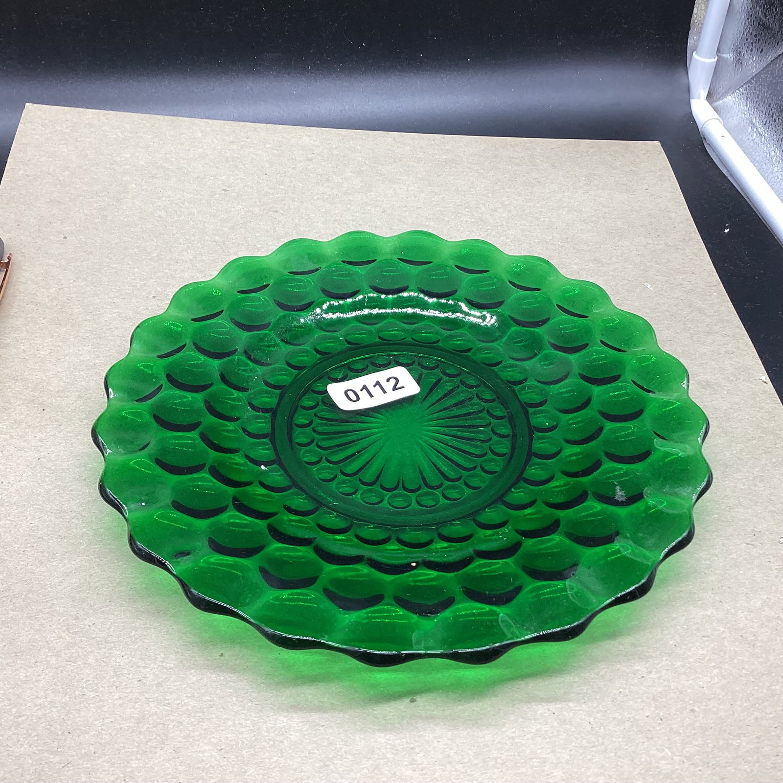 DEPRESSION GREEN BUBBLE PLATE: 9 1/2" W GOOD SHAPE