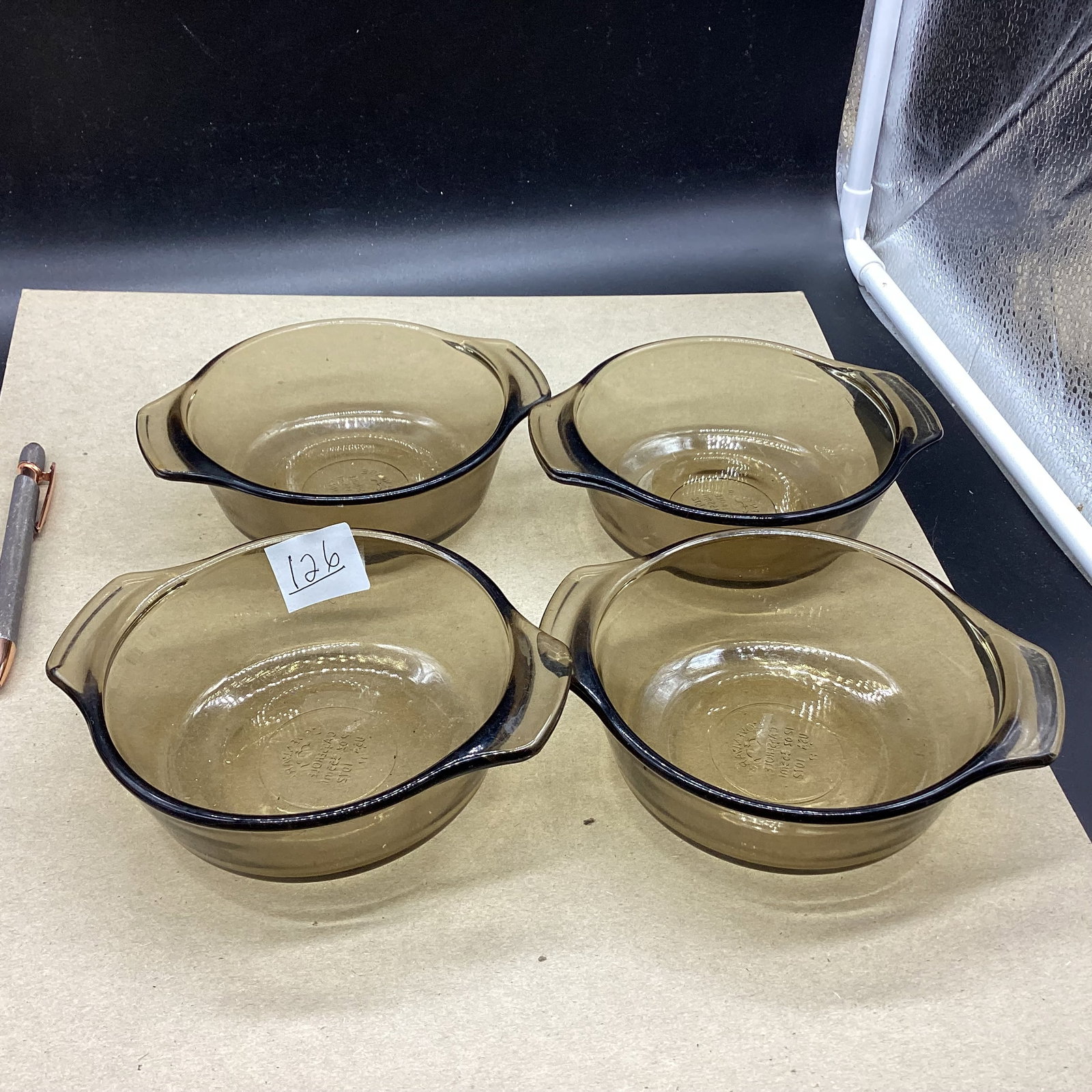 4 VISIONS HANDLED BOWLS: 5" W GOOD SHAPE