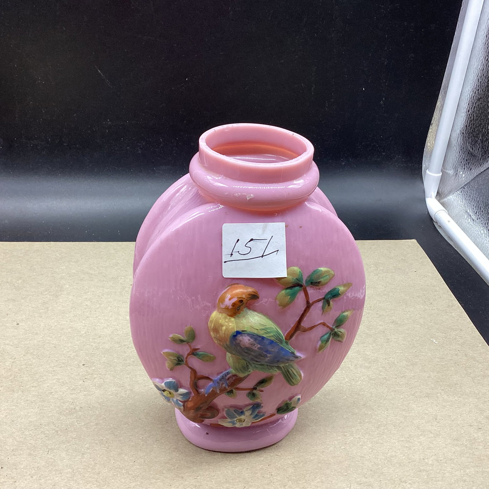 VINTAGE PINK CASE GLASS VASE W/HAND PAINTED BIRD: SMALL CHIP ON TOP RIM 7 1/4" TALL