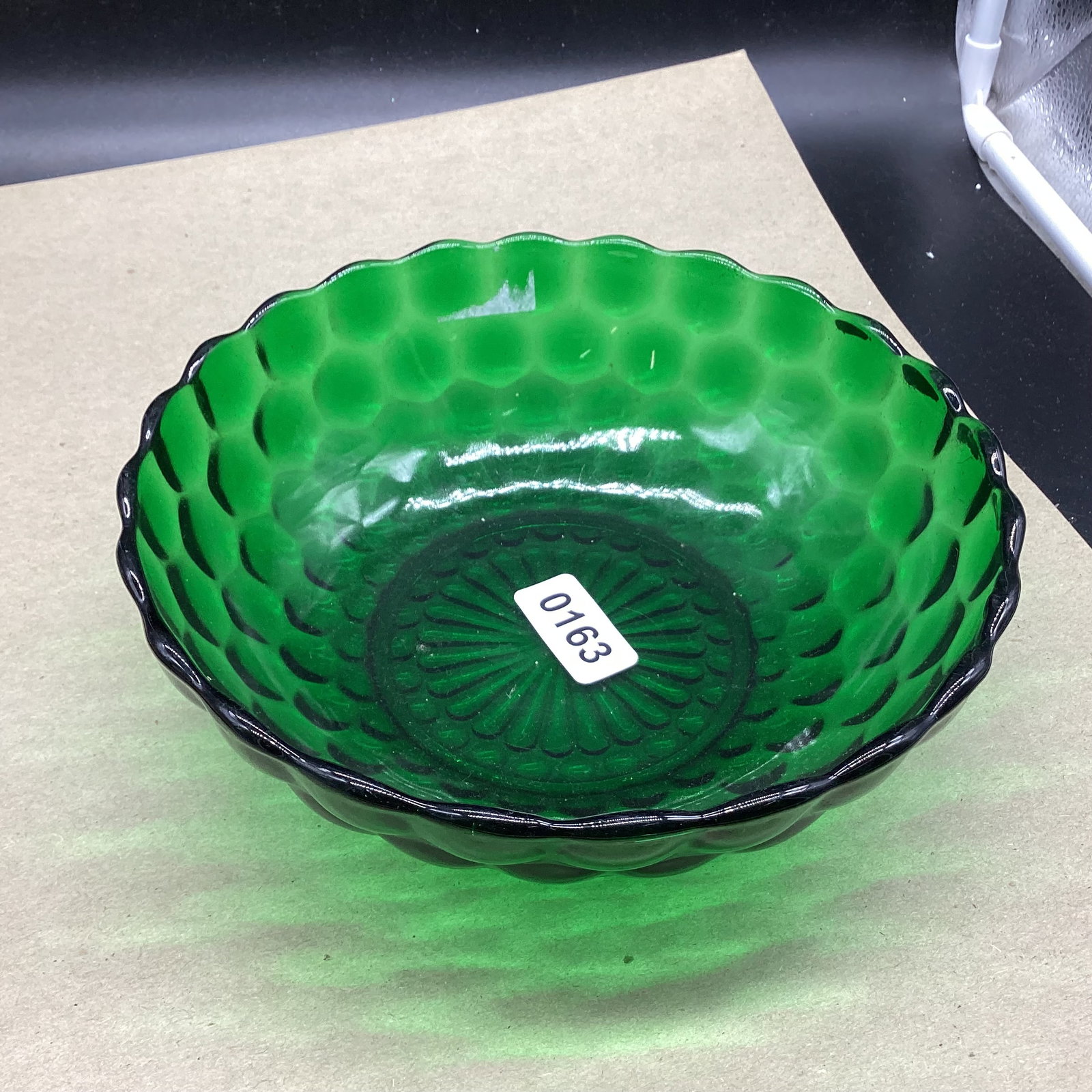 DEPRESSION GREEN BUBBLE LARGE BERRY BOWL: 2 1/2 X 8 1/4 GOOD SHAPE