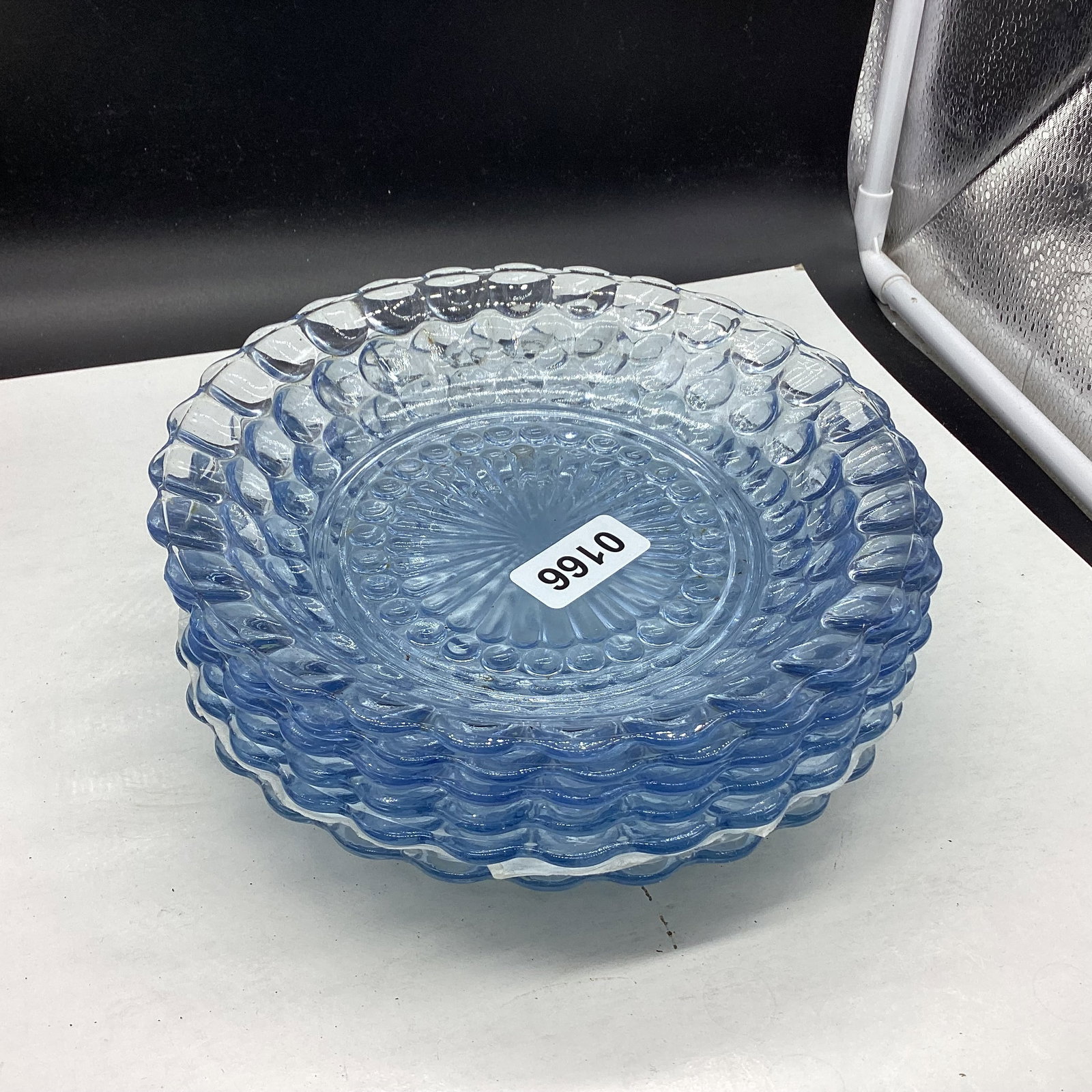 6 DEPRESSION BLUE BUBBLE FLAT SOUP BOWLS (1 of 1)