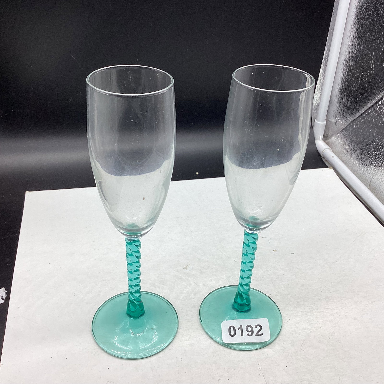 2 TWISTED TEAL CHAMPAGNE WINE GLASSES: 8" TALL GOOD SHAPE