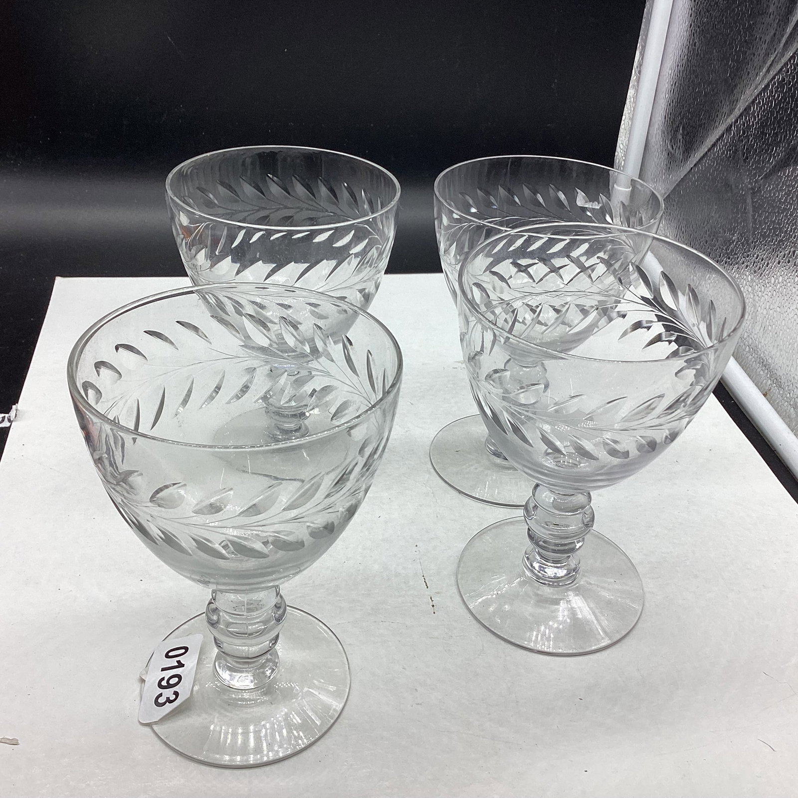 4 ETCHED CUT WATER GOBLETS: 5 1/2" TALL GOOD SHAPE