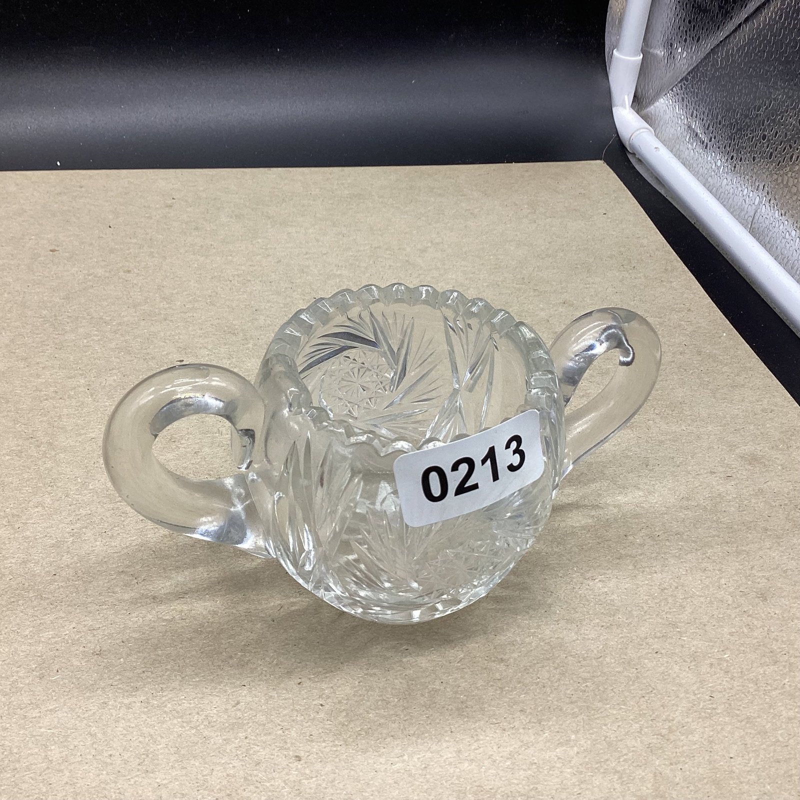 VINTAGE CUT GLASS PINWHEEL SUGAR BOWL: 3" X 6" GOOD SHAPE