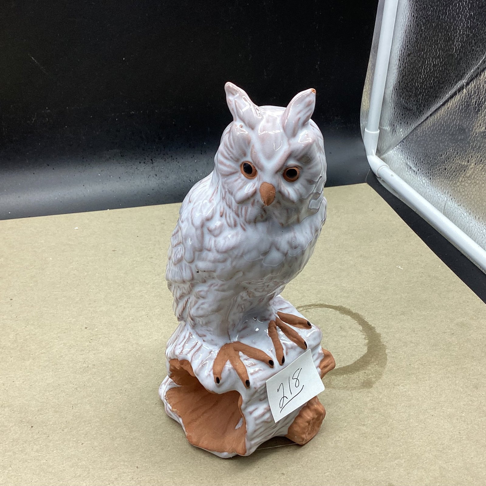 TERRA-COTTA OWL SITTING ON TREE TRUNK: 8" TALL GOOD SHAPE