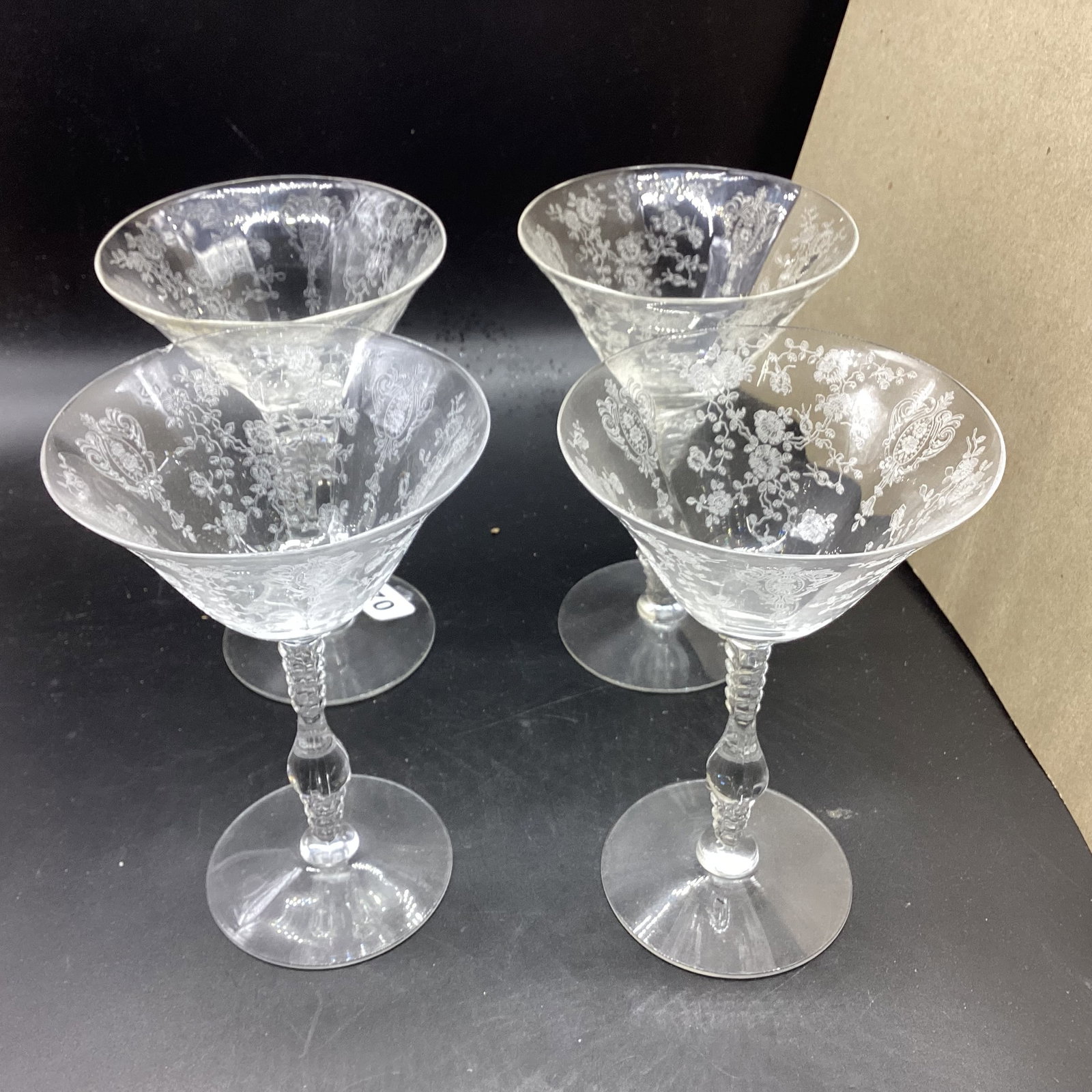 4 ELEGANT GLASS ROSEPOINT TALL CHAMPANE SHERBERTS: 6 1/4" TALL GOOD SHAPE ONE HAD CHIP ON TOP RIM