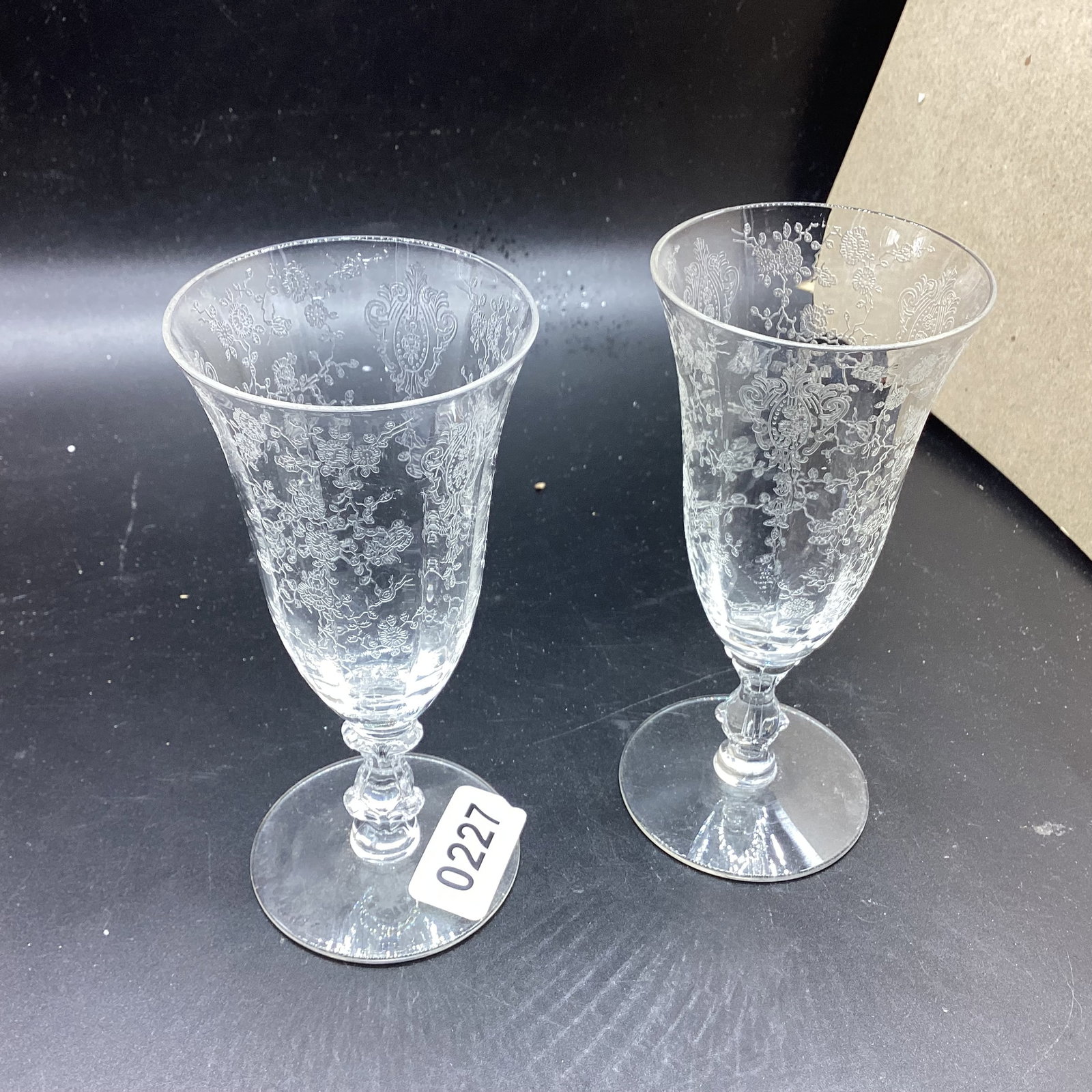 2 ELEGANT GLASS ROSEPOINT GOBLETS: 5 3/4" TALL GOOD SHAPE