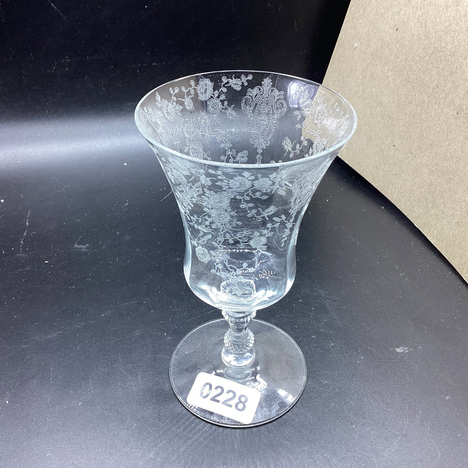 ELEGANT GLASS ROSEPOINT WATER GOBLET: 5 3/4" TALL GOOD SHAPE