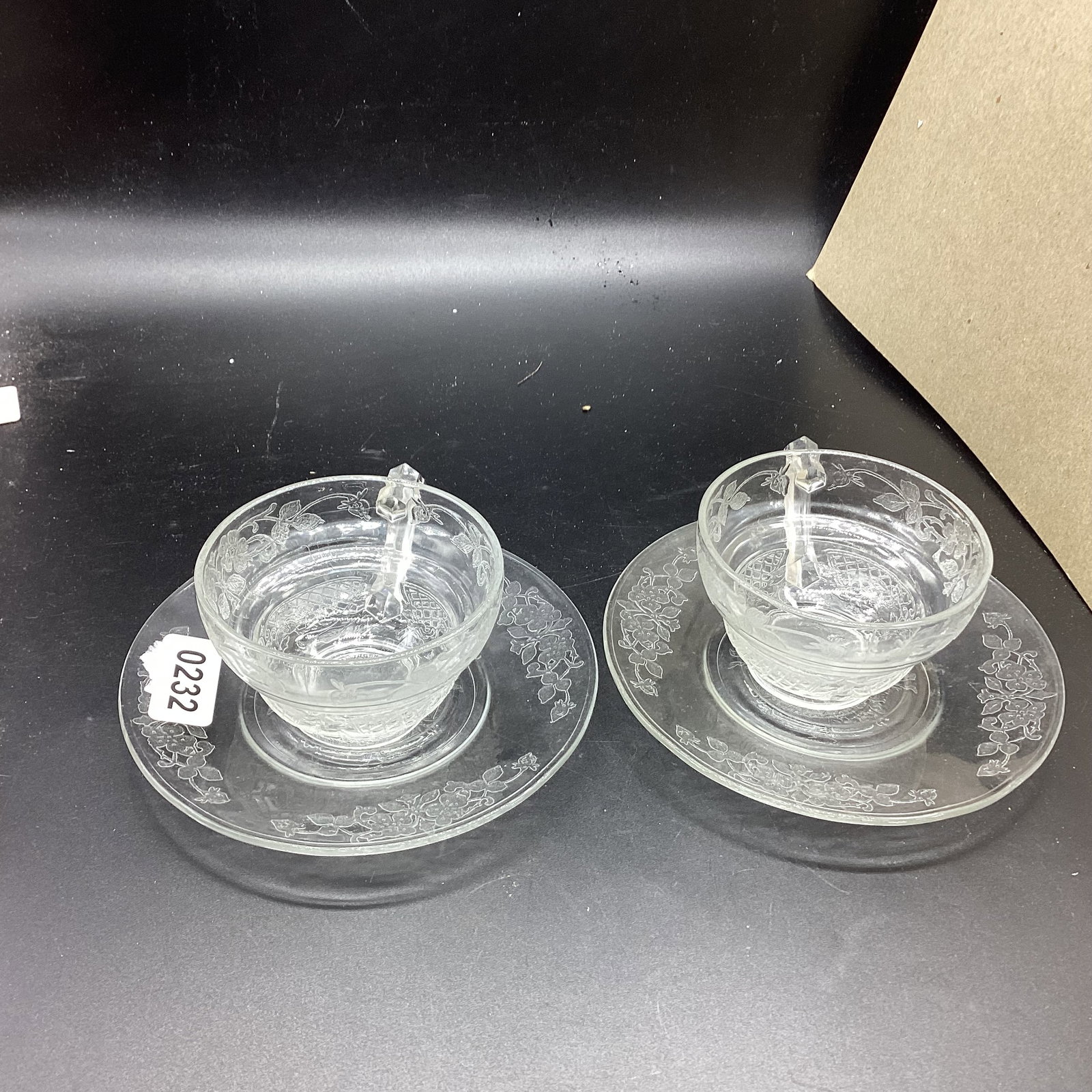 2 DEPRESSION CLEAR VERNON CUP & SAUCERS: GOOD SHAPE