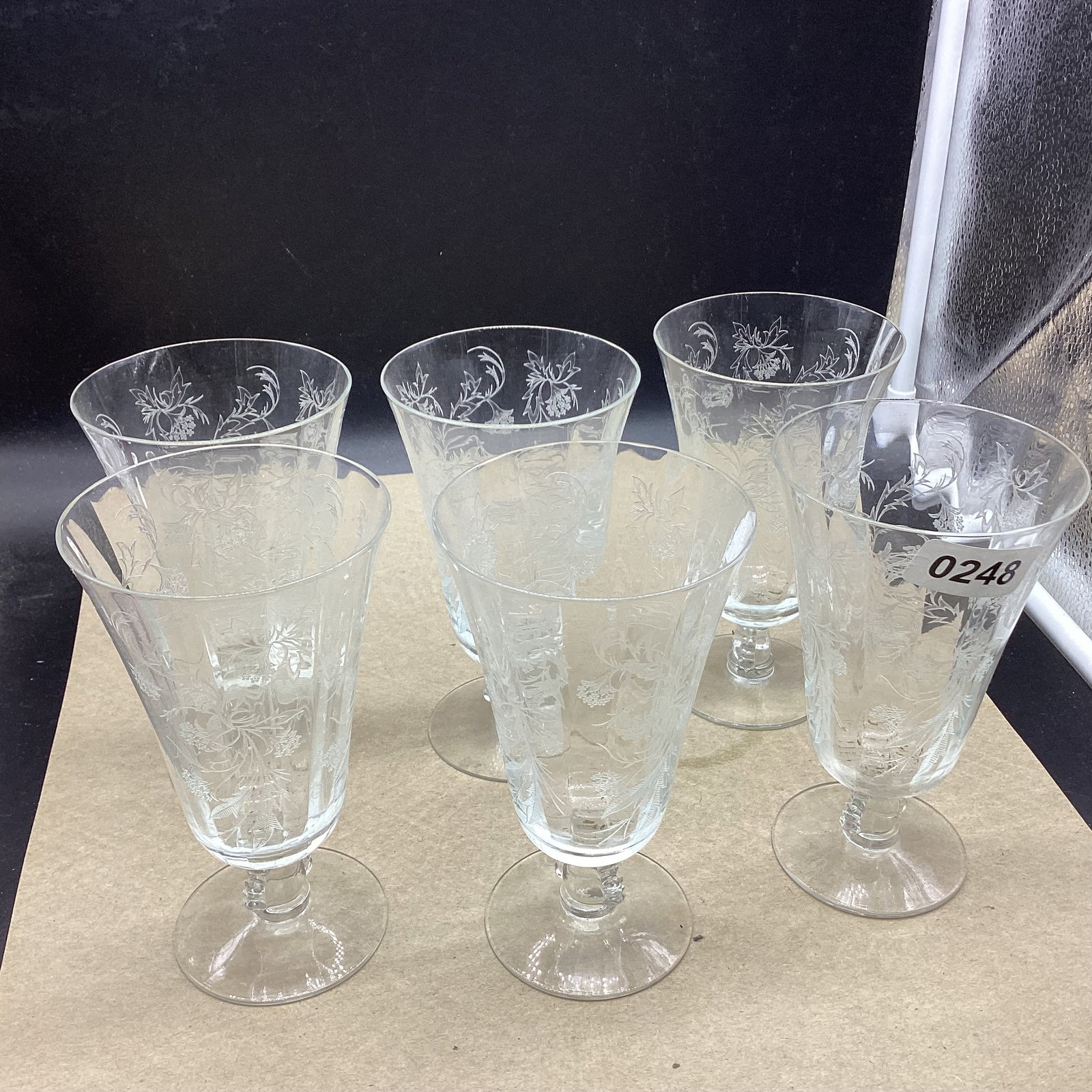 6 FOSTORIA HEATHER PATTERN ICE TEA TUMBLERS: 6 1/4" TALL GOOD SHAPE