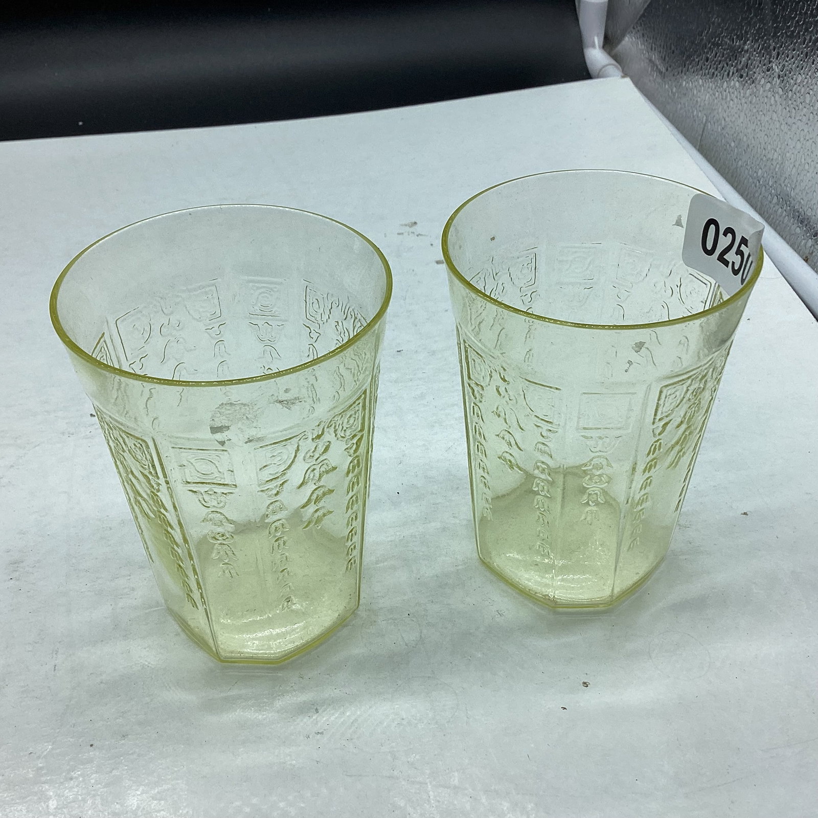 2 DEPRESSION YELLOW PRINCESS FLAT TUMBLERS: GOOD SHAPE