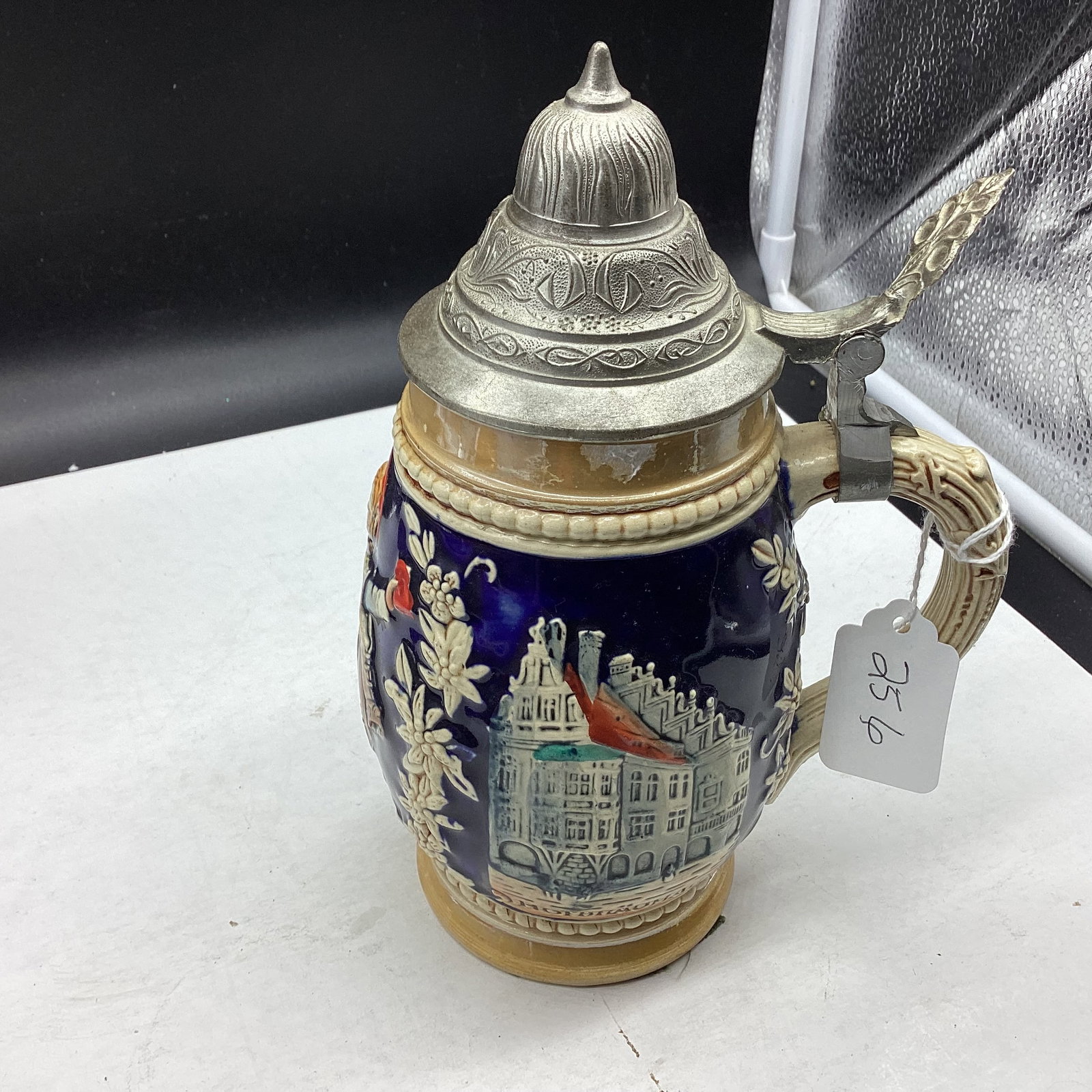 VINTAGE STONEWARE BEER STEINE: 8 1/4" TALL GOOD SHAPE