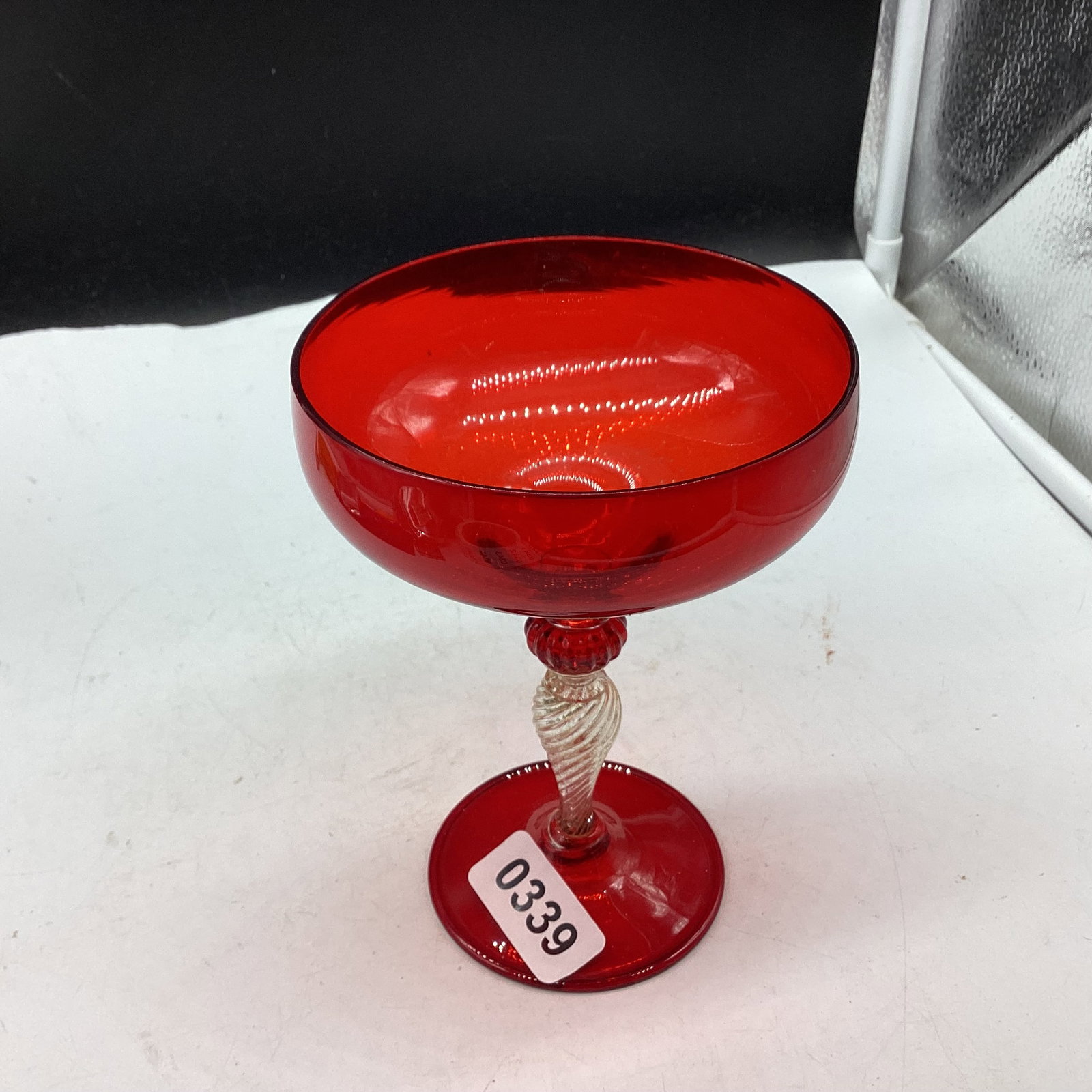 VINTAGE RED VENETIAN SAUCER CHAMPAGNE: 6" TALL GOOD SHAPE