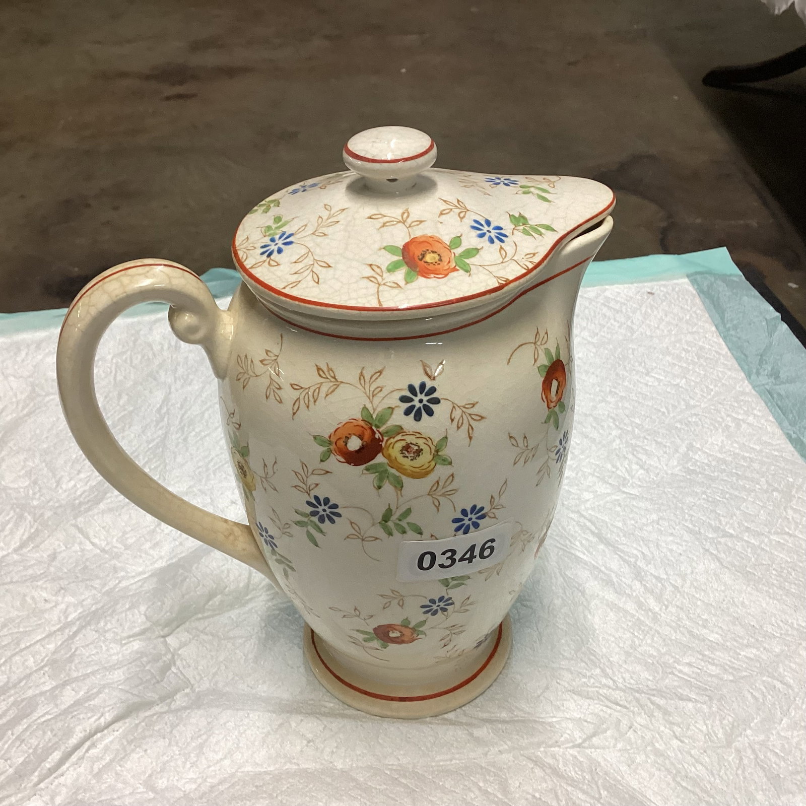 PORCELIAN COFFEE POT W/LID: 9" TALL GOOD SHAPE