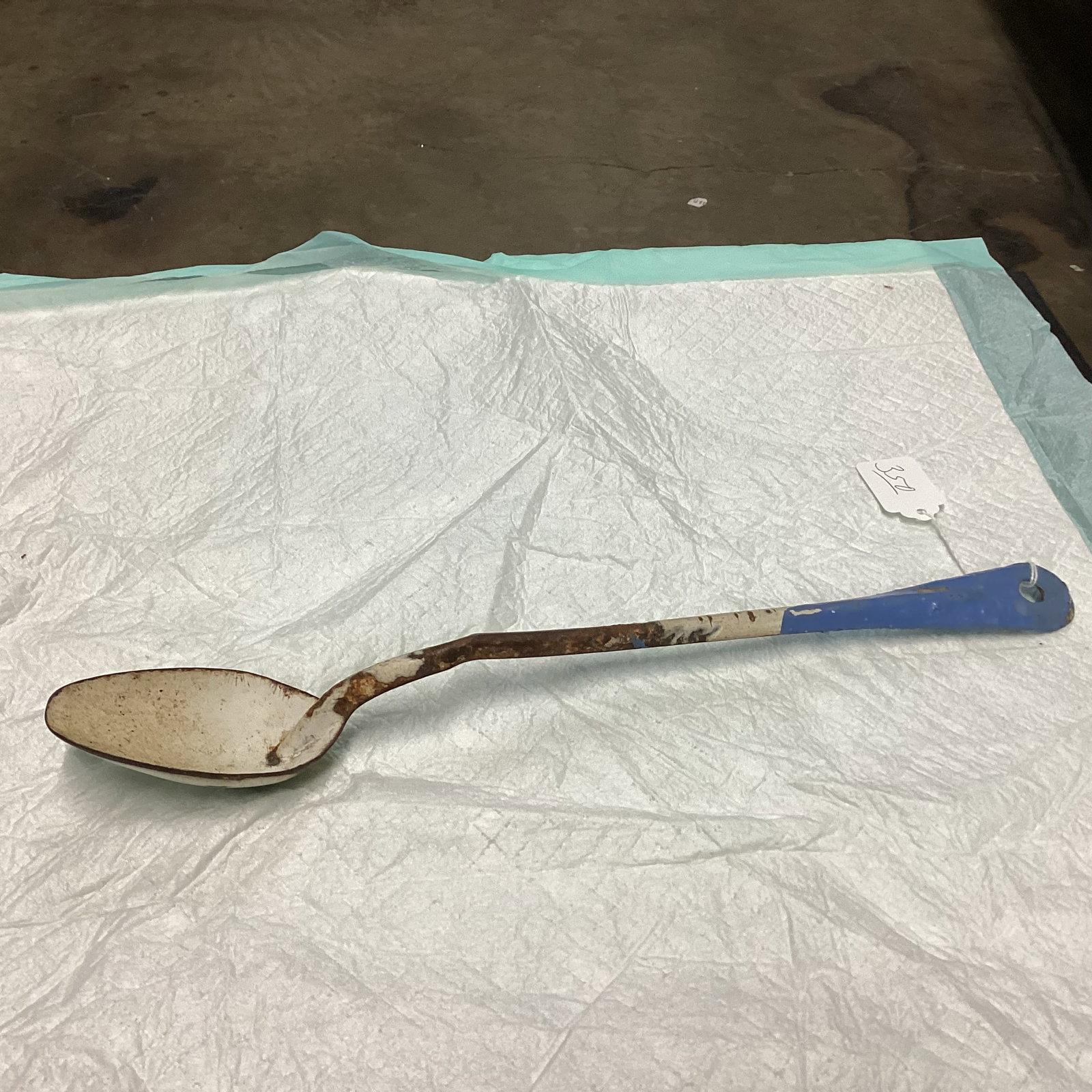 ENAMEL SERVING SPOON: AS IS 15" LONG