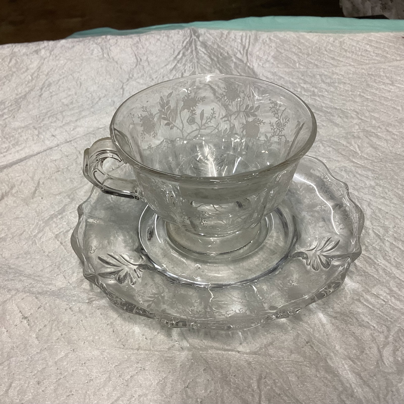 FOSTORIA CHINTZ CUP & SAUCER: GOOD SHAPE