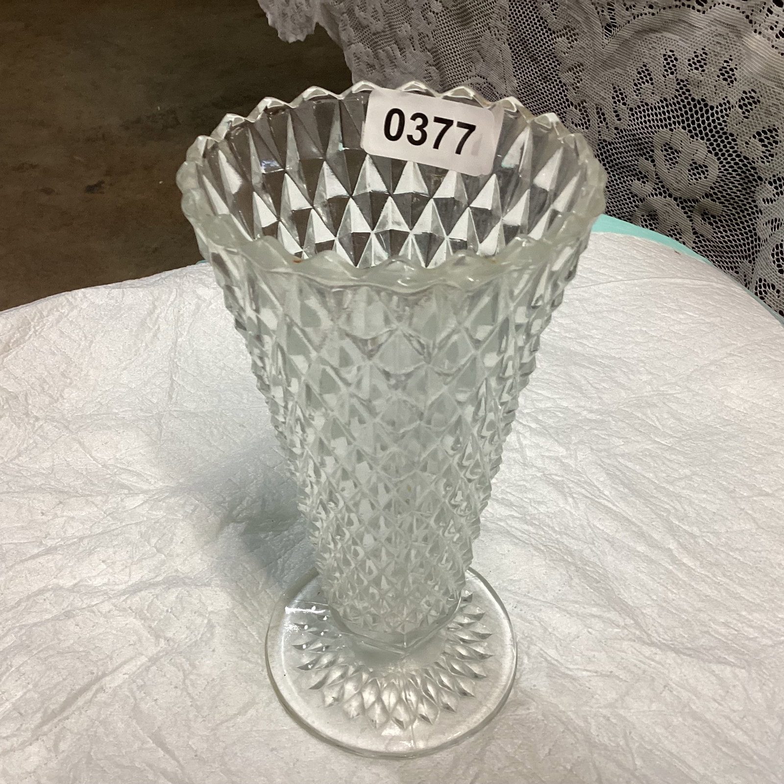 CRYATAL DIAMOND POINT VASE: 8" TALL GOOD SHAPE