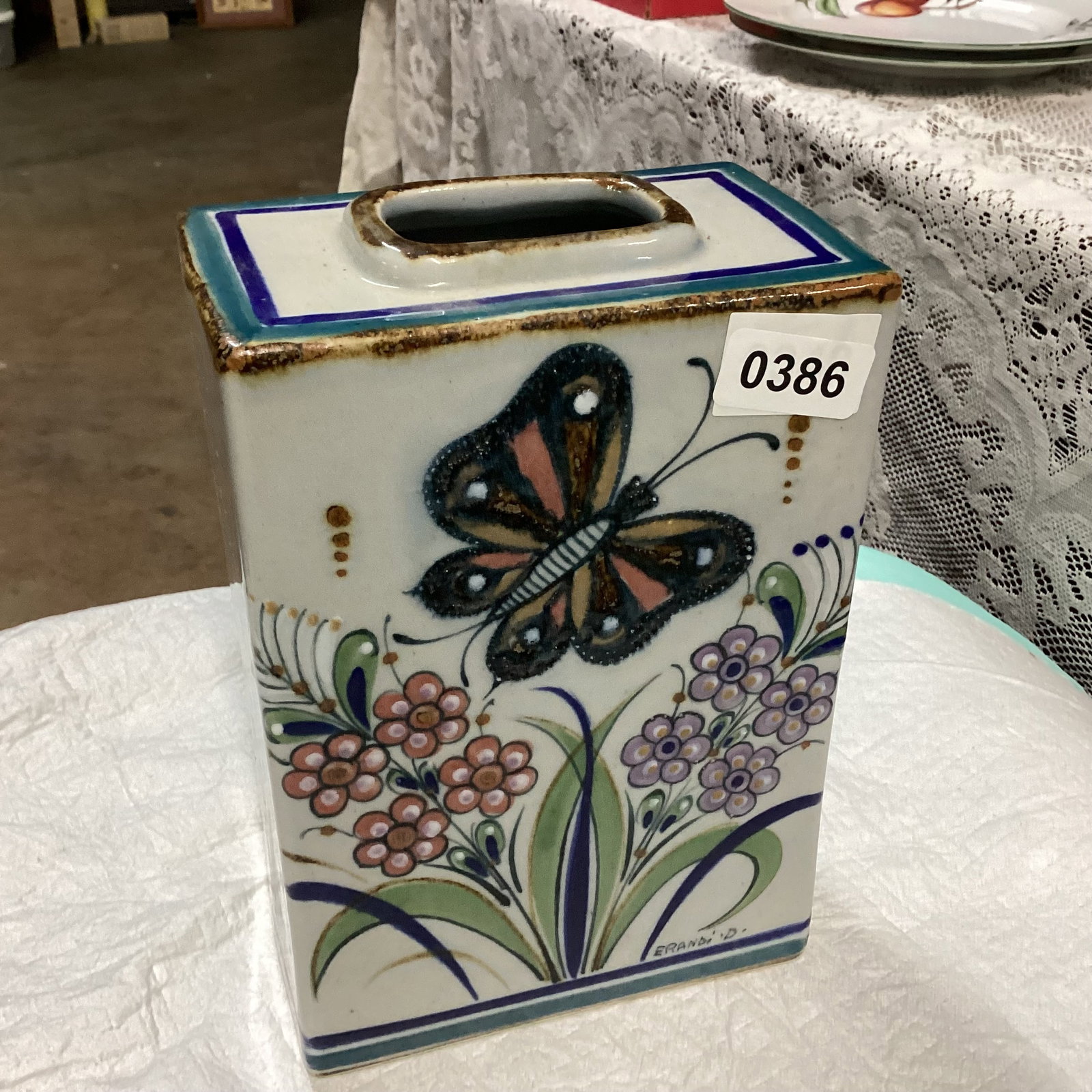 BUTTERFLY STONEWARE VASE MADE IN MEXICO: 6"T X 6" W GOOD SHAPE